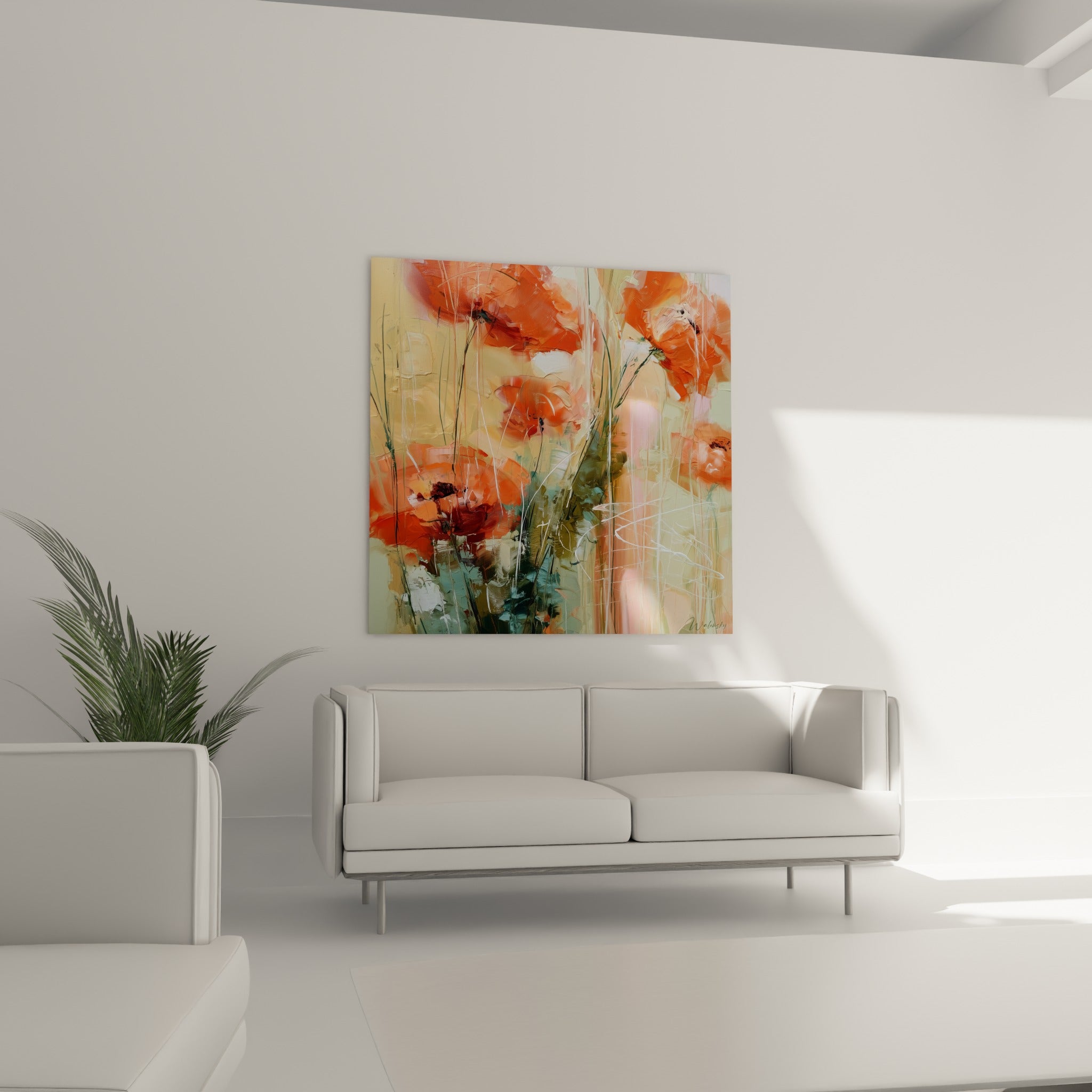 Pétales de coquelicot rouge et orange vibrant au-dessus d'un canapé dans un salon lumineux