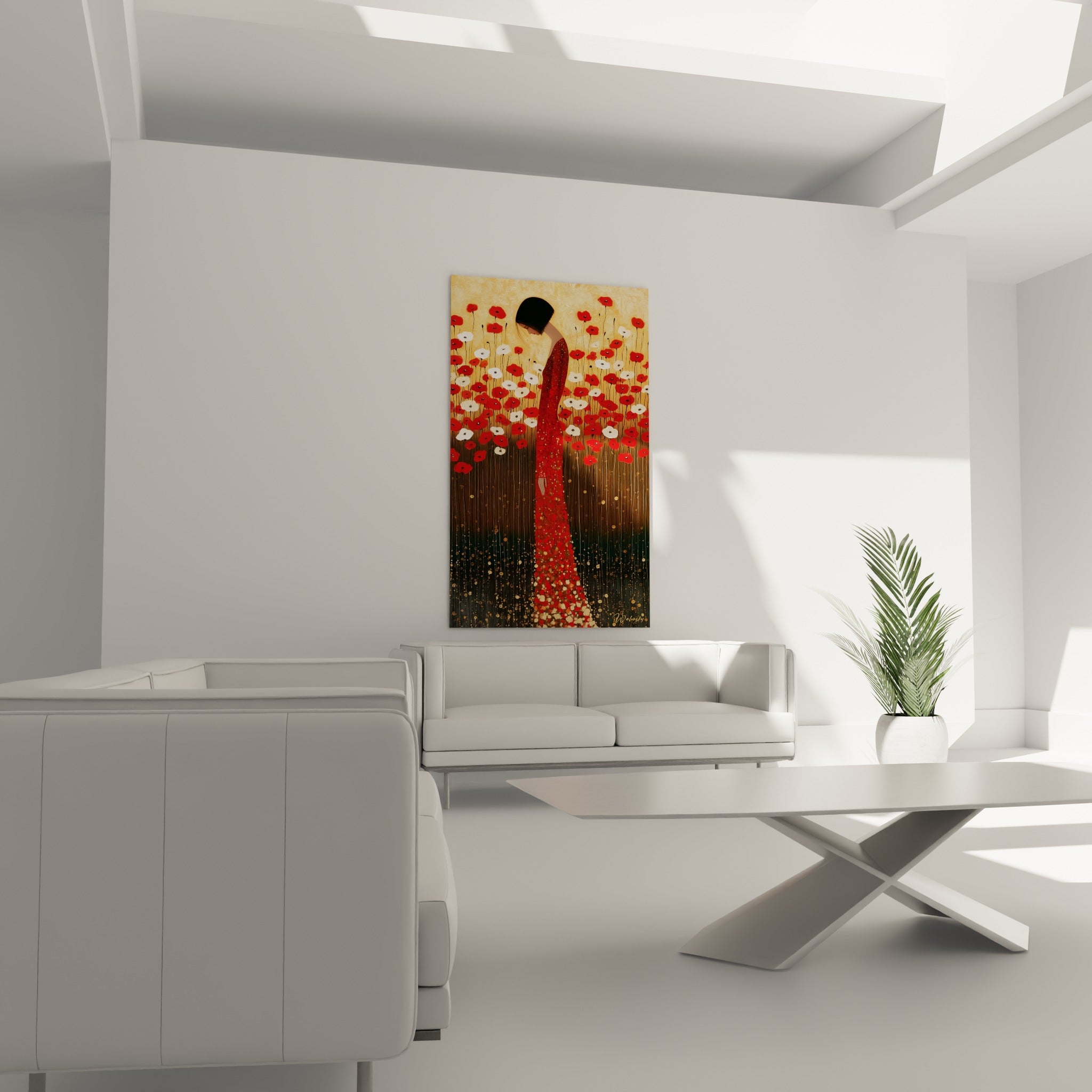Figure inclinée en rouge et or entourée de coquelicots blancs, au-dessus d'un canapé dans un salon lumineux