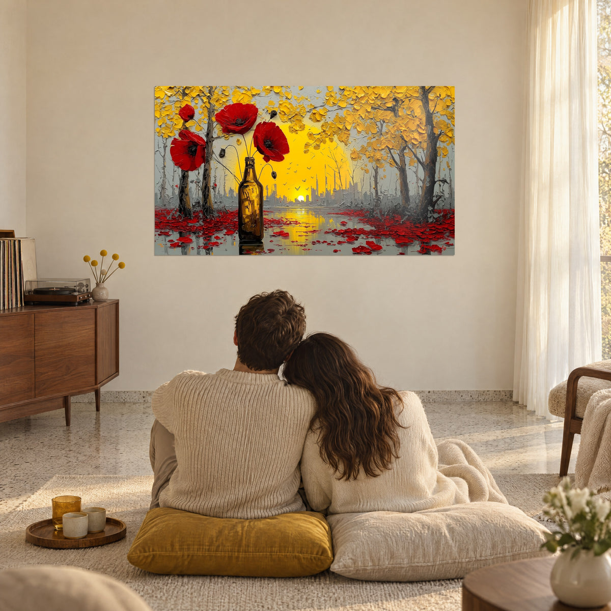 Cuadro botella cobriza y amapolas púrpuras, estanque cubierto de pétalos rojos, cielo amarillo deslumbrante, pareja de espaldas sobre cojines