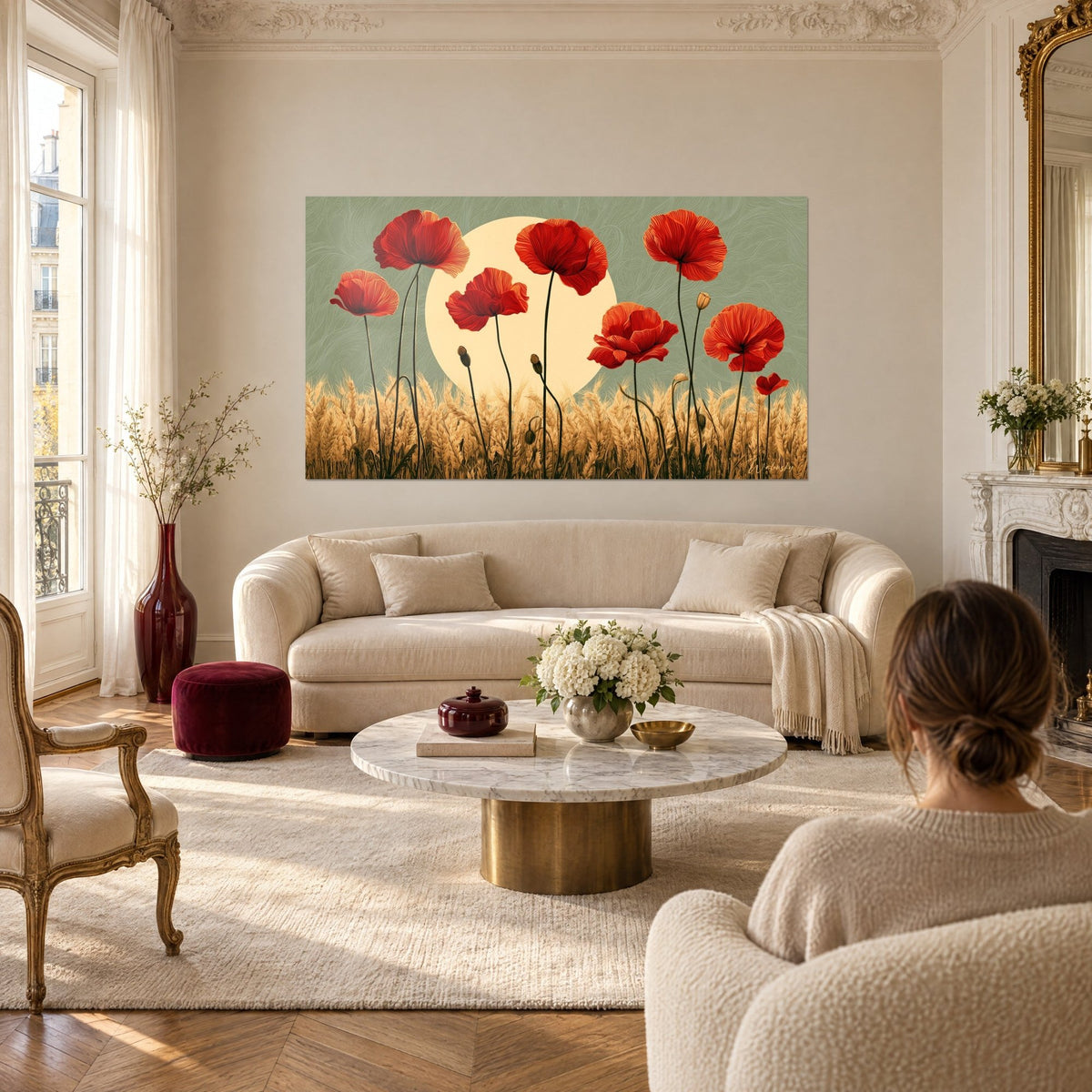 Quadro di papaveri scarlatti eretti davanti a un sole color crema, grano dorato in basso, una donna di spalle sopra un divano in un soggiorno luminoso
