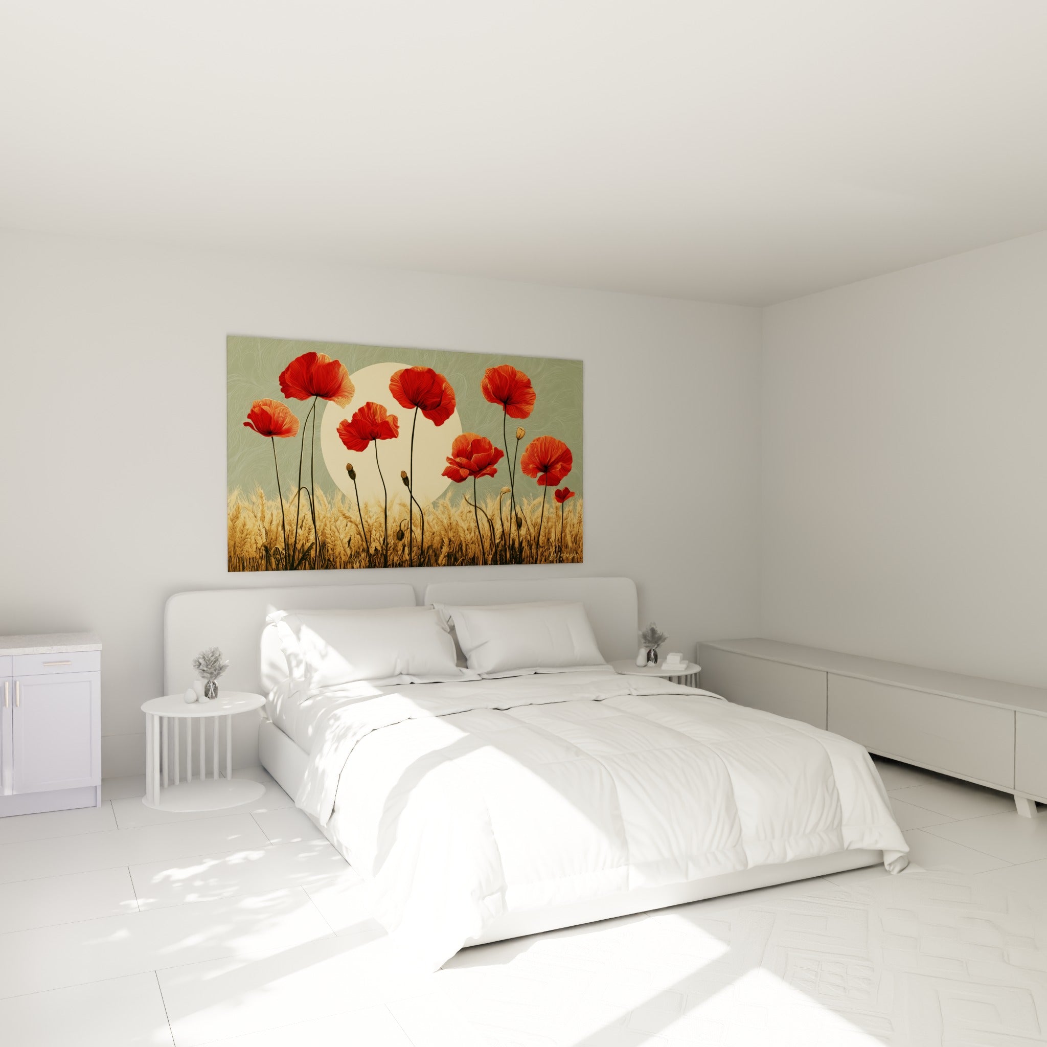 Bouquet de coquelicots rouges et champ doré au-dessus d'un lit dans une chambre claire