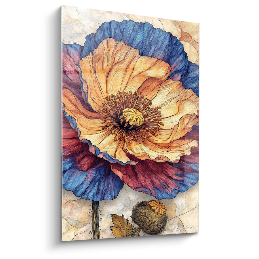 Tableau coquelicot stylisé aux nuances dorées et bleues sur fond craquelé - Floraison Artistique - Edition Coquelicot