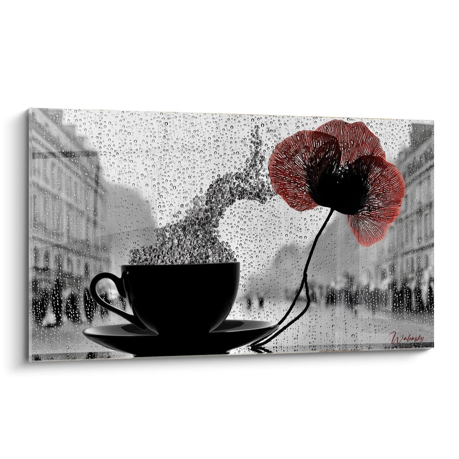 Tableau tasse noire vapeur et fleur rouge bordeaux sur fond pluvieux - Instant Poétique - Edition Coquelicot