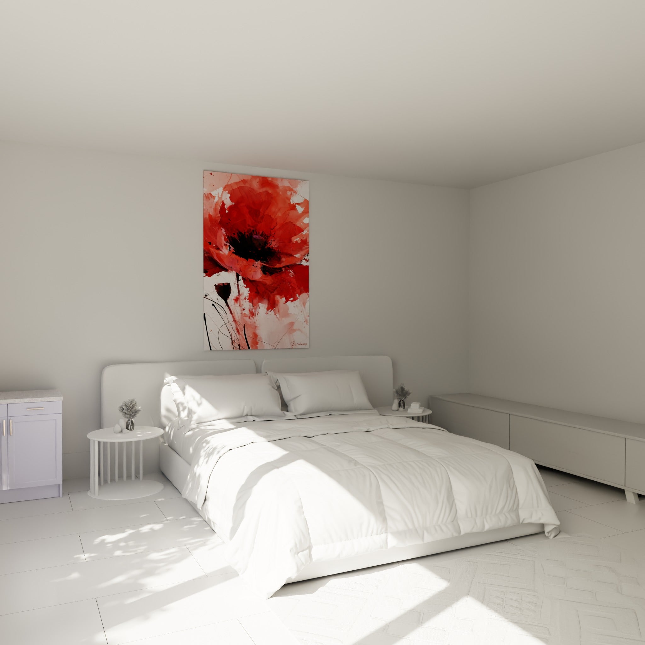 Fleur de coquelicot rouge intense aux coulures noires, accrochée au-dessus d'un lit dans une chambre claire