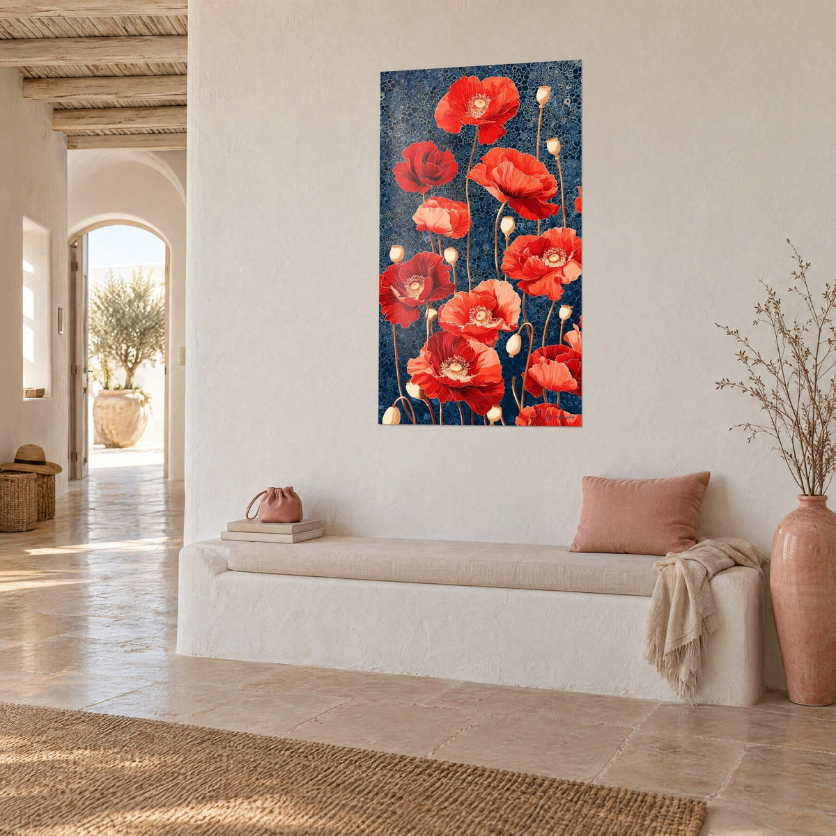 Wall art scarlet and pink poppies with crumpled petals, copper stems on a midnight blue pattern, white wall of a Mediterranean house