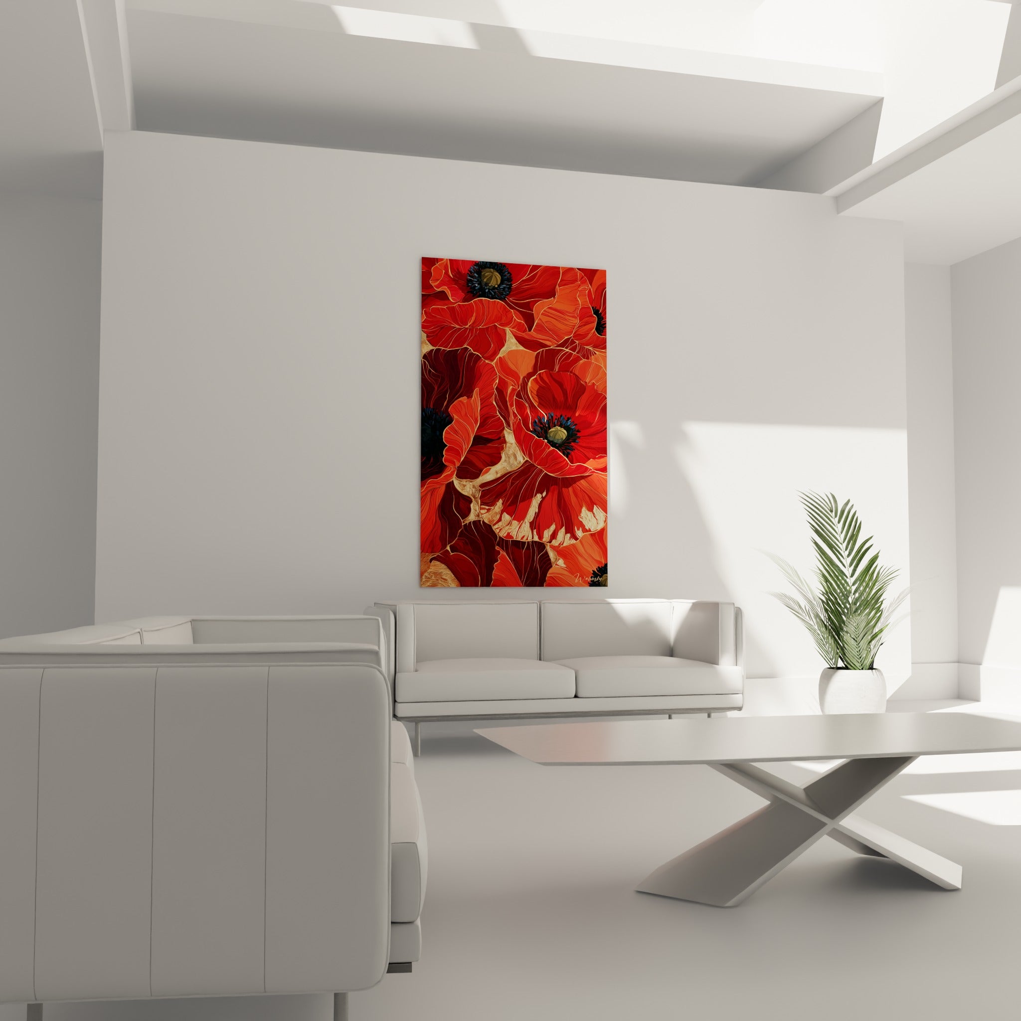 Fleurs de coquelicot terracotta et bordeaux disposées au-dessus d'un canapé dans un salon lumineux
