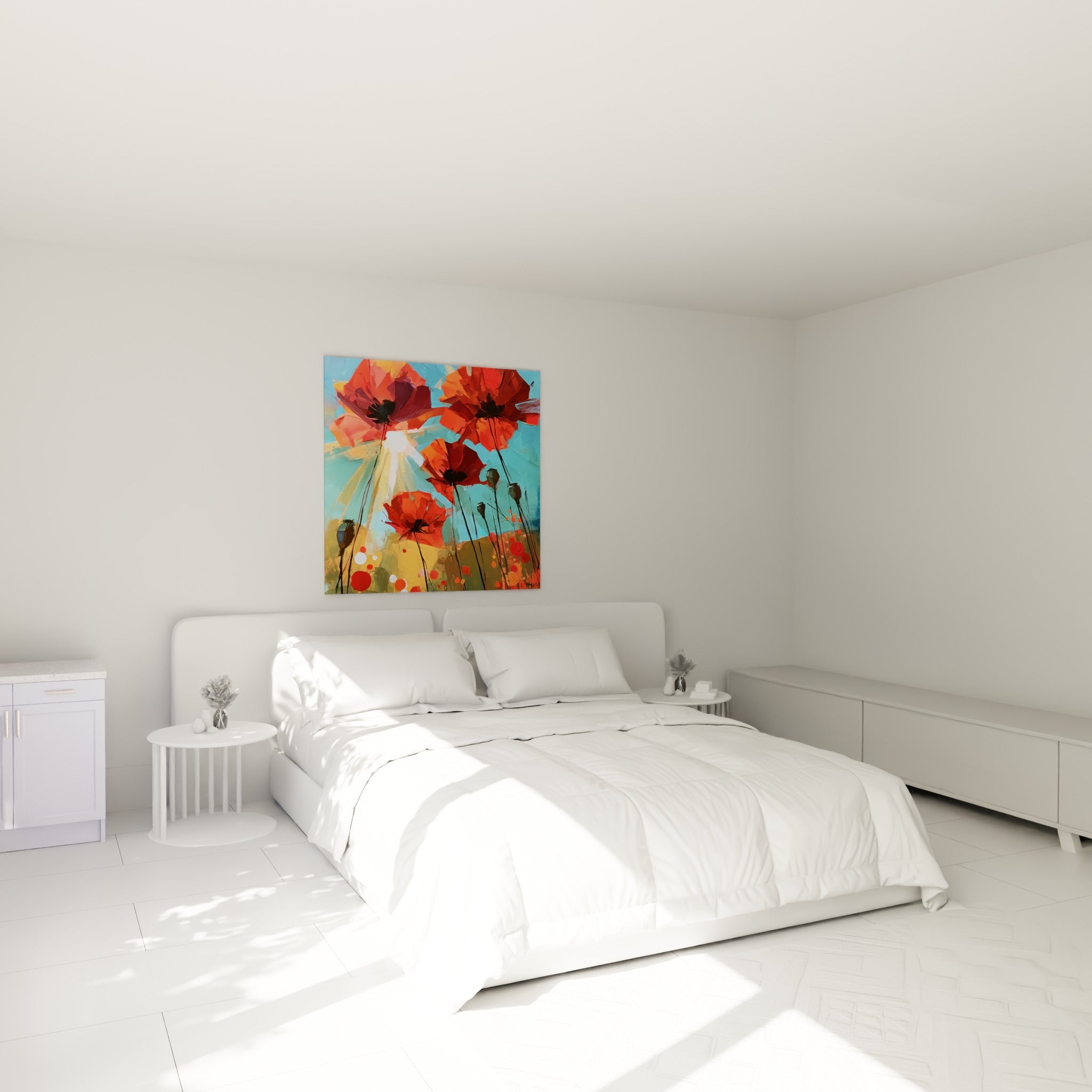 Fleurs de coquelicot rouge et terracotta peintes au couteau, accrochées au-dessus d'un lit dans une chambre claire