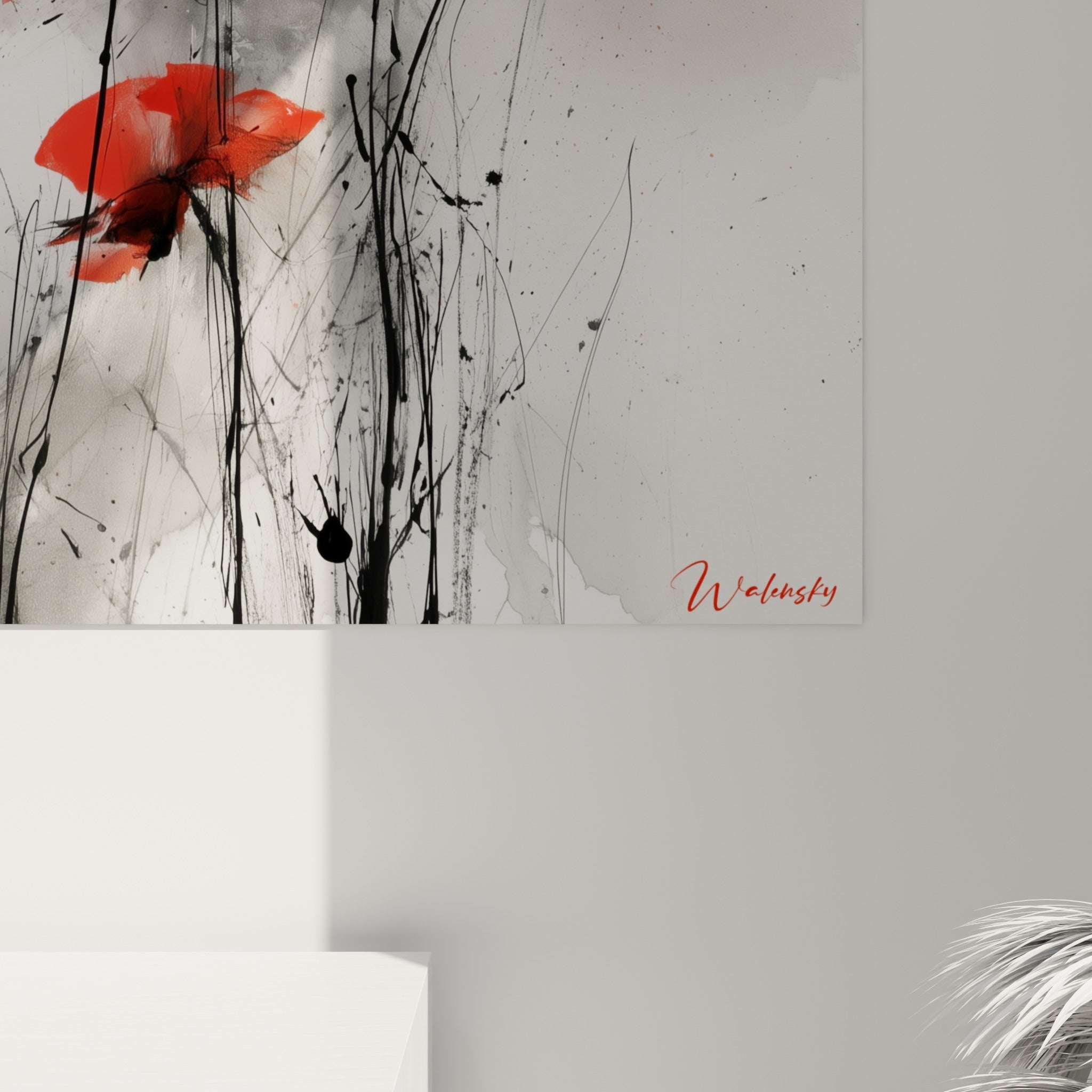 Empâtements rouges et coulures d'encre noire se mêlent sur la toile, grain visible des pétales de coquelicot