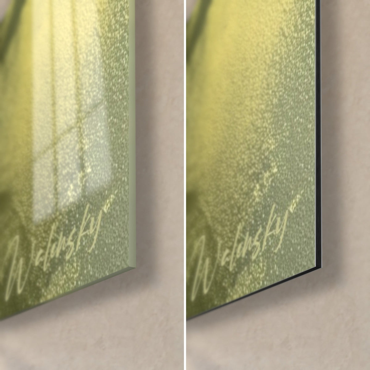Wall art field of red poppies, bottom right corner: reflections on glossy acrylic glass, matte olive green Dibond aluminium, 3 mm edge