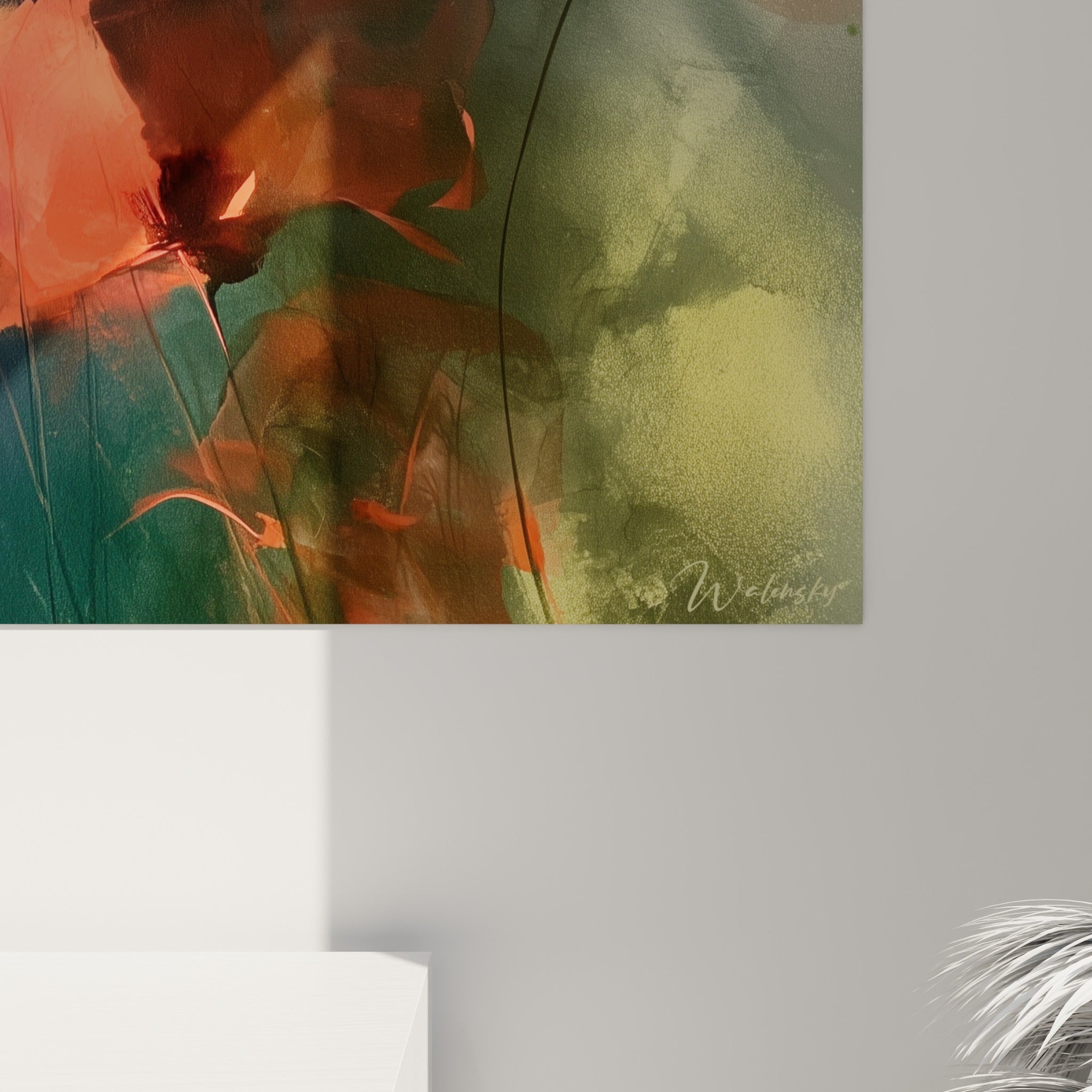 Empâtements rouges et coulures dorées visibles sur la toile du coquelicot en gros plan