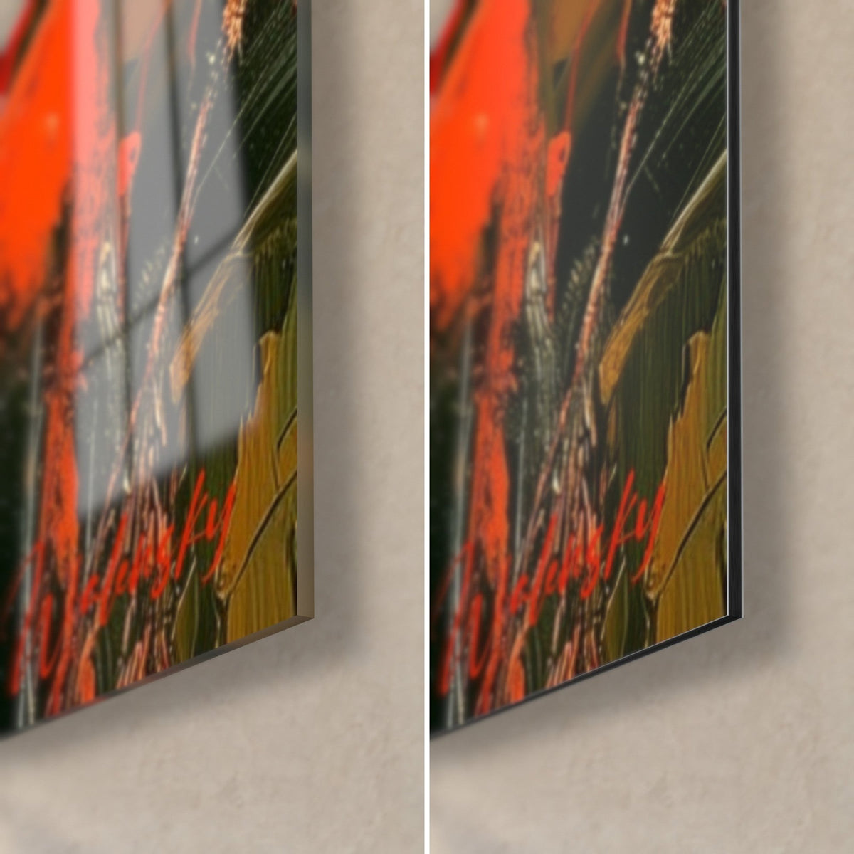 Tableau pavots rouges aux cœurs noirs, coin bas droit : verre brillant à gauche, alu Dibond mat à droite, tranche de 3 mm