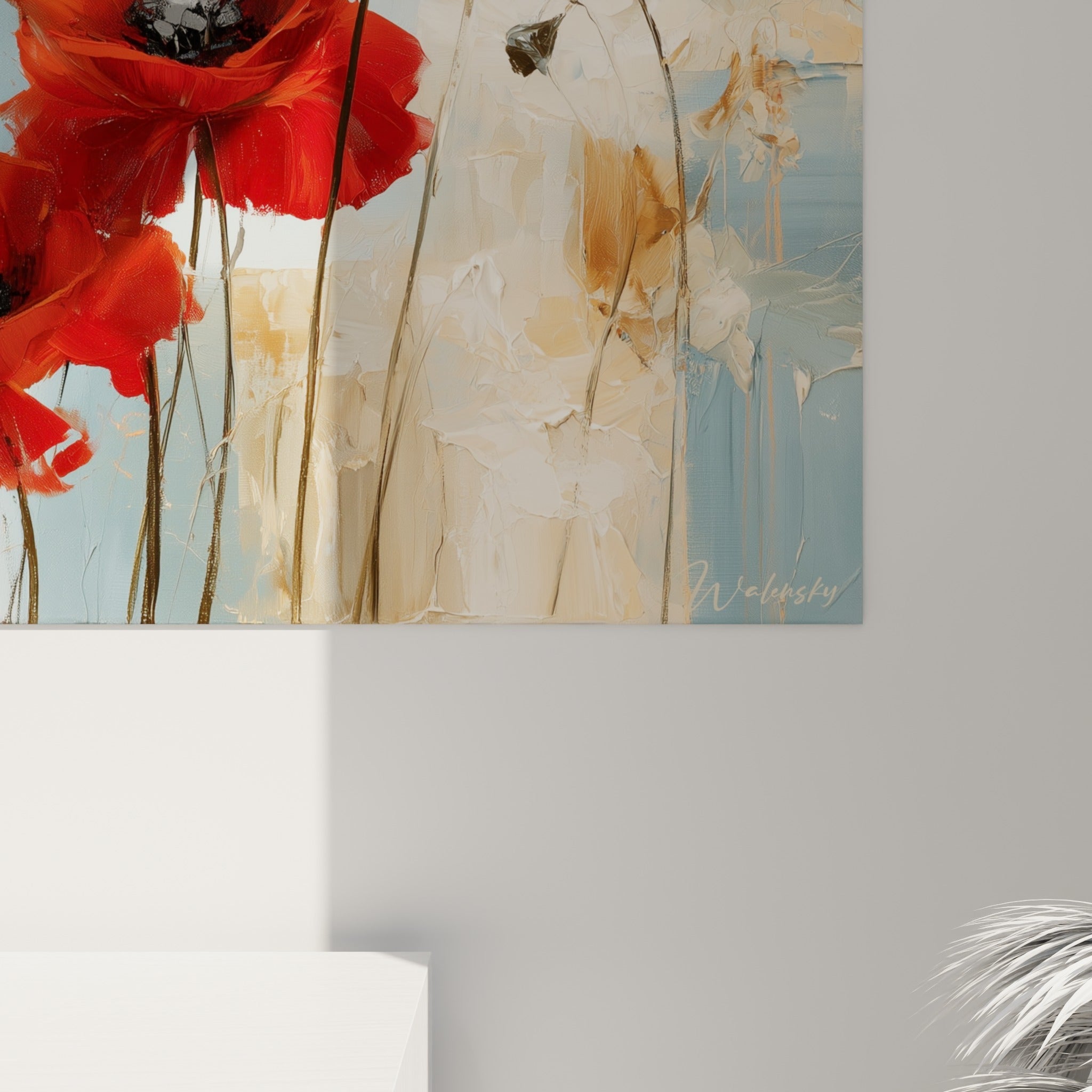 Empâtements rouges et coulures dorées révélant la matière épaisse de la peinture au couteau du coquelicot