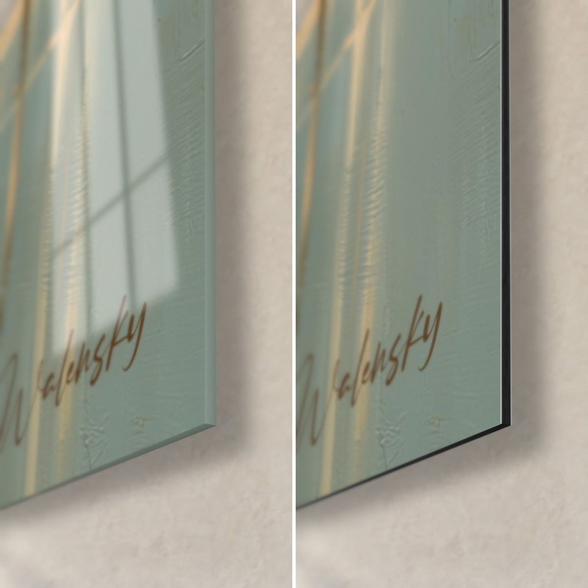 Tableau pavots rouges, coin bas droit : verre acrylique brillant à gauche, alu Dibond mat noir à droite, tranche de 3 mm