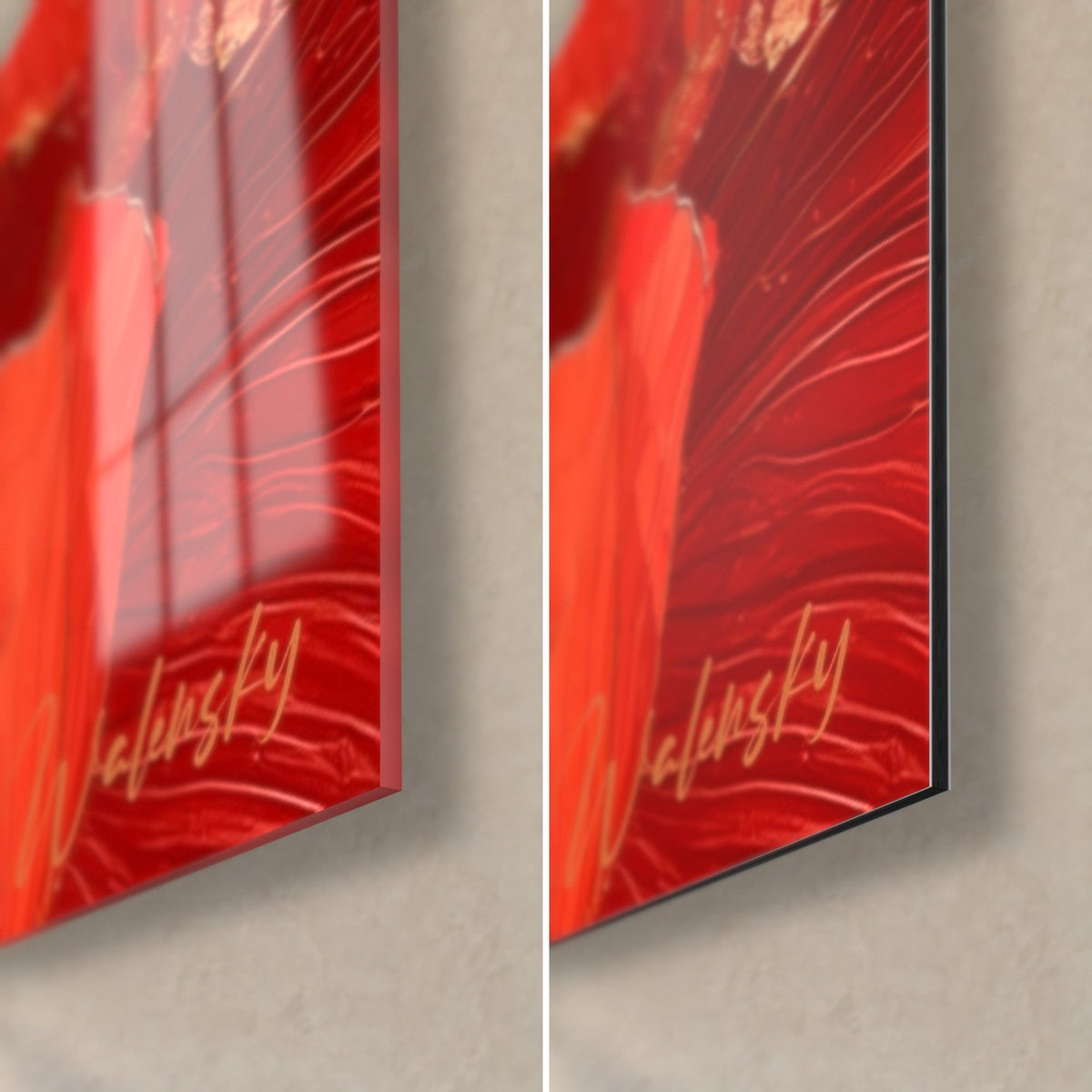 Cuadro campo de amapolas rojo intenso, esquina inferior derecha en cristal acrílico brillante y aluminio Dibond mate, firma dorada, canto de 3 mm