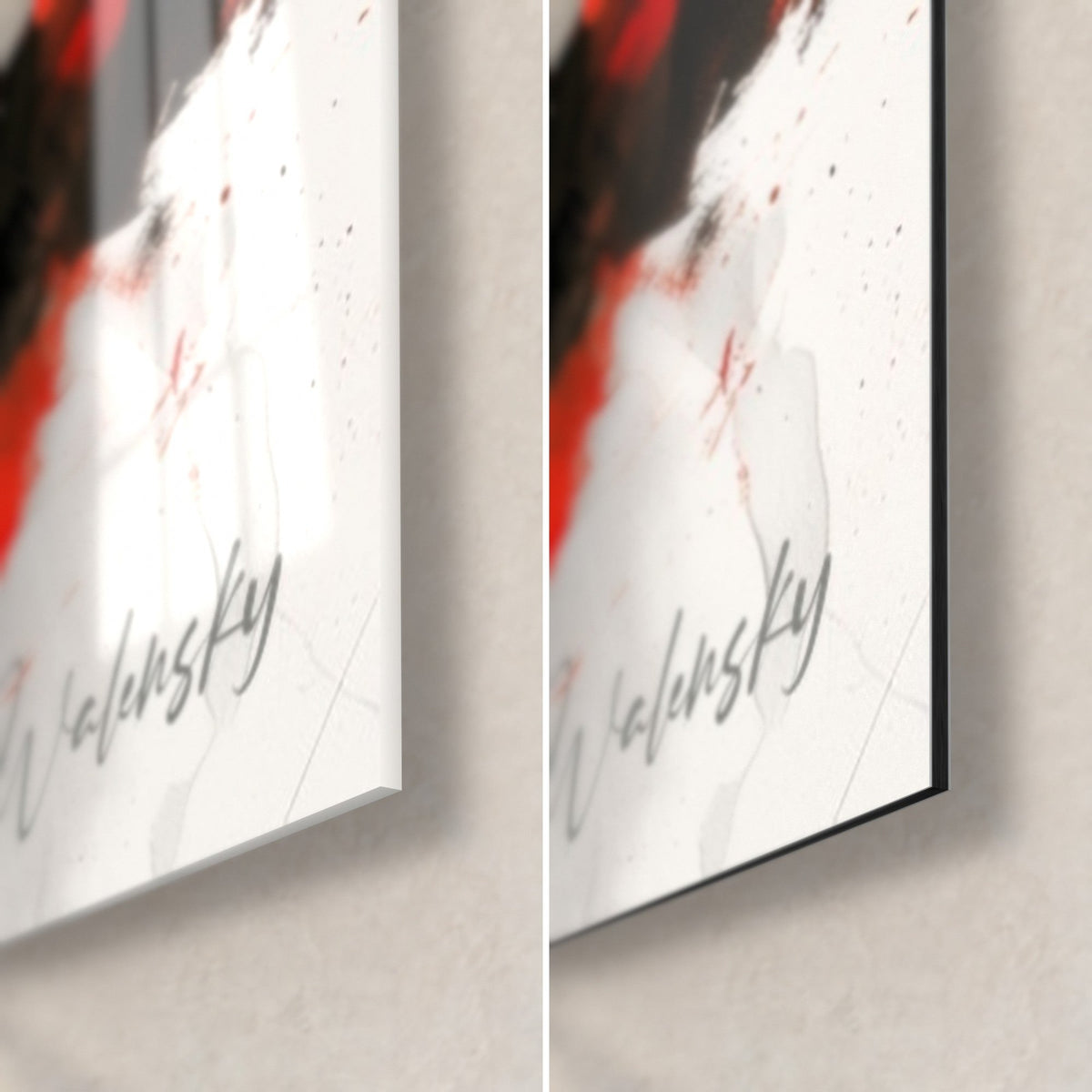 Tableau coquelicots rouges, coin bas droit : verre acrylique brillant et reflets à gauche, Dibond noir mat à droite, tranche 3 mm