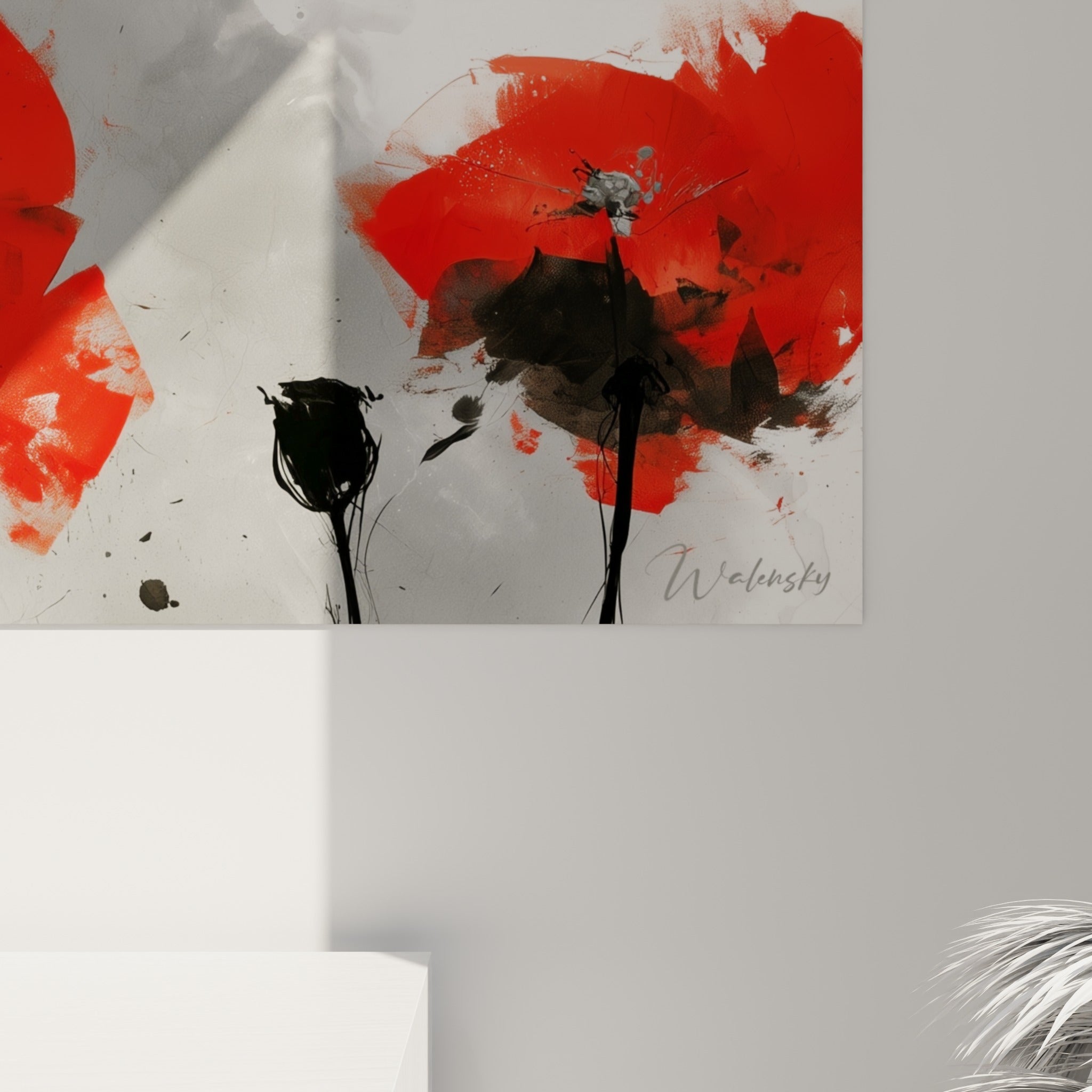 Empâtements rouges et coulures noires visibles de près sur la toile, grain et éclaboussures du coquelicot peint
