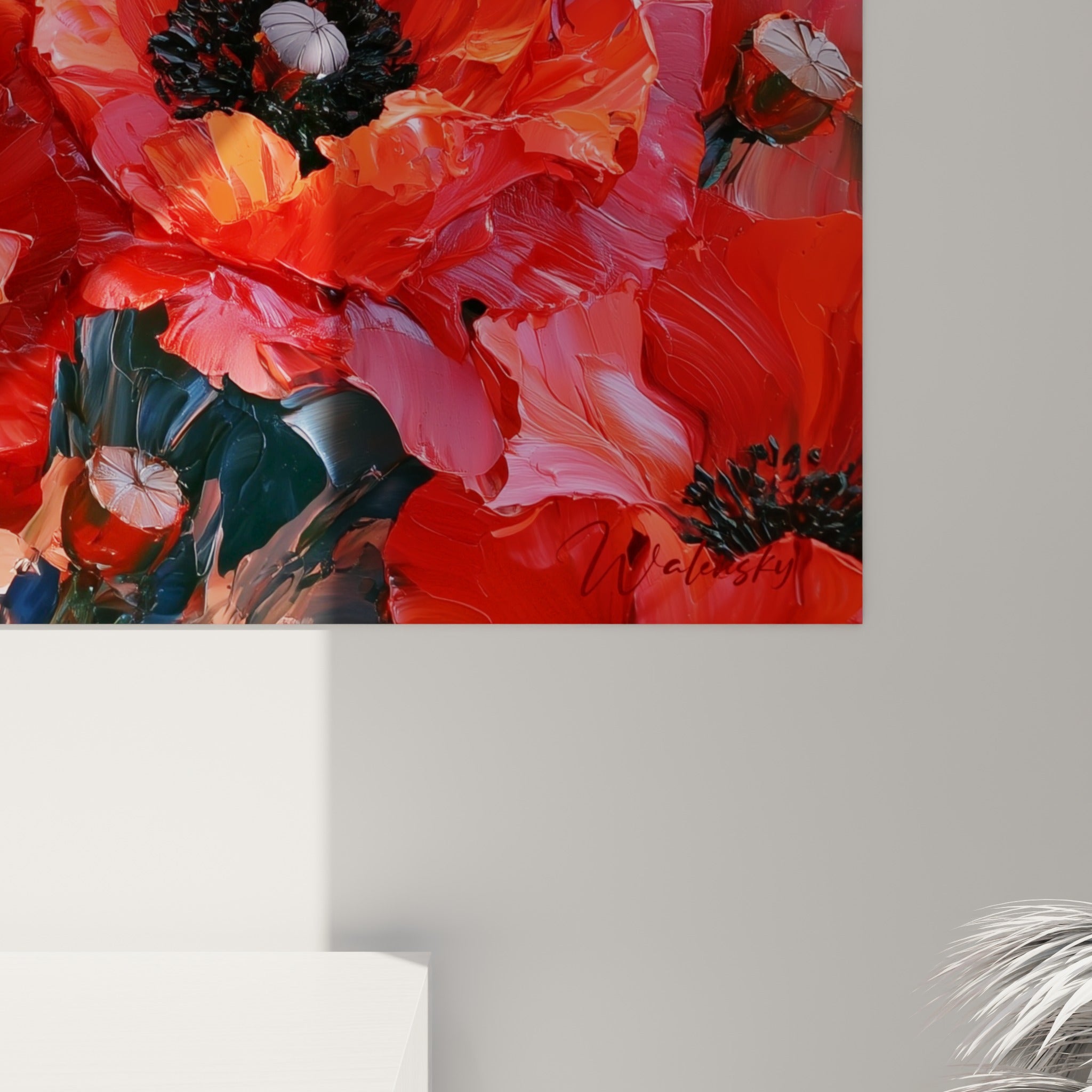 Empâtements rouges et noirs des pétales de coquelicot révélant le grain épais de la peinture