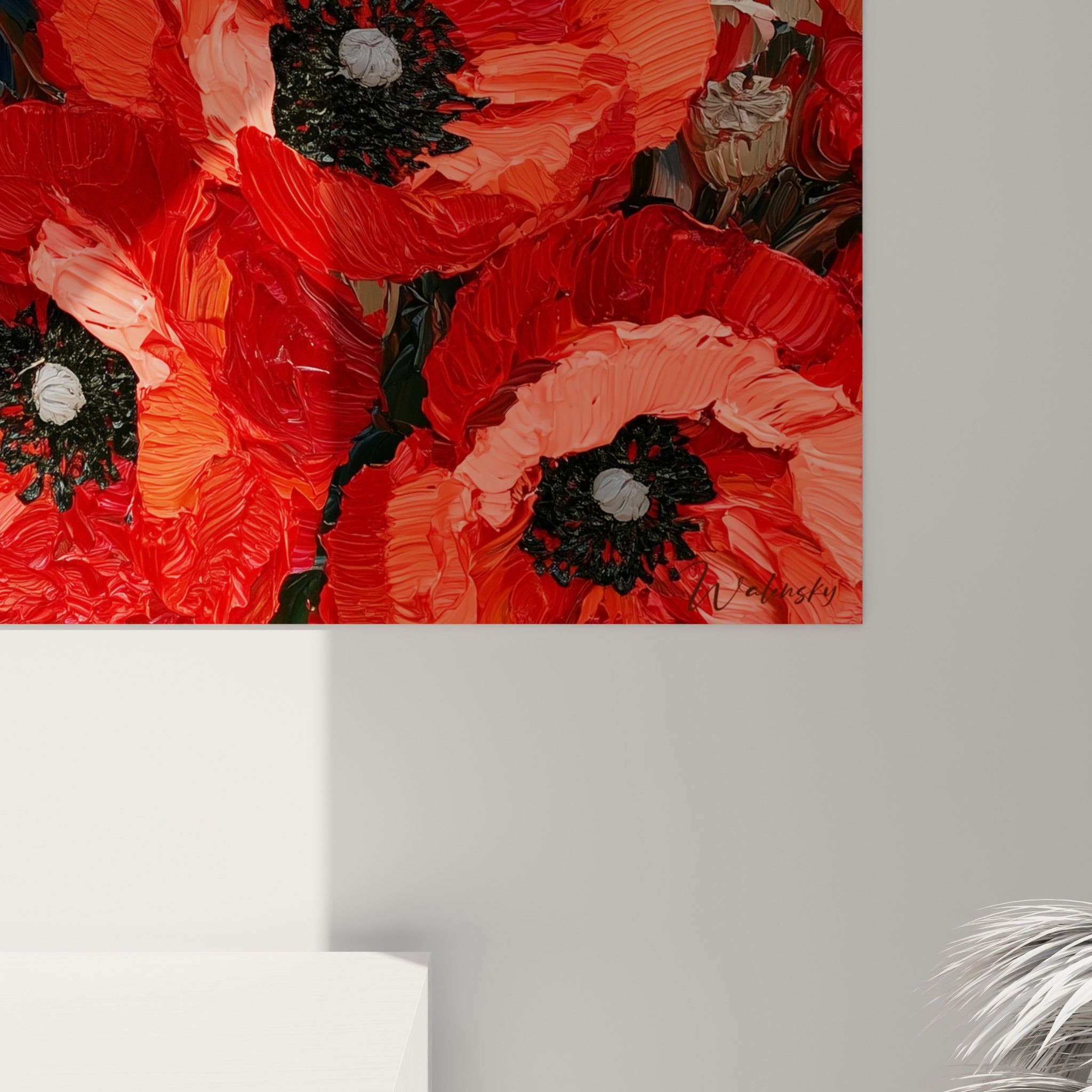 Empâtements épais de rouge et de noir révélant le grain de la peinture, coulures et reliefs des pétales de coquelicot