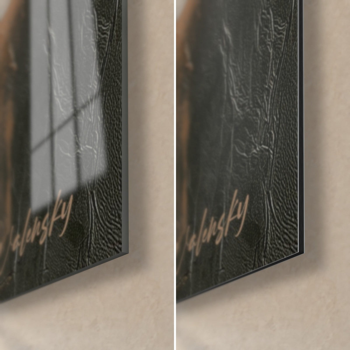 Tableau pavots pourpres aux cœurs perlés, coin bas droit : verre acrylique brillant à reflets, alu Dibond noir mat gaufré, tranche de 3 mm
