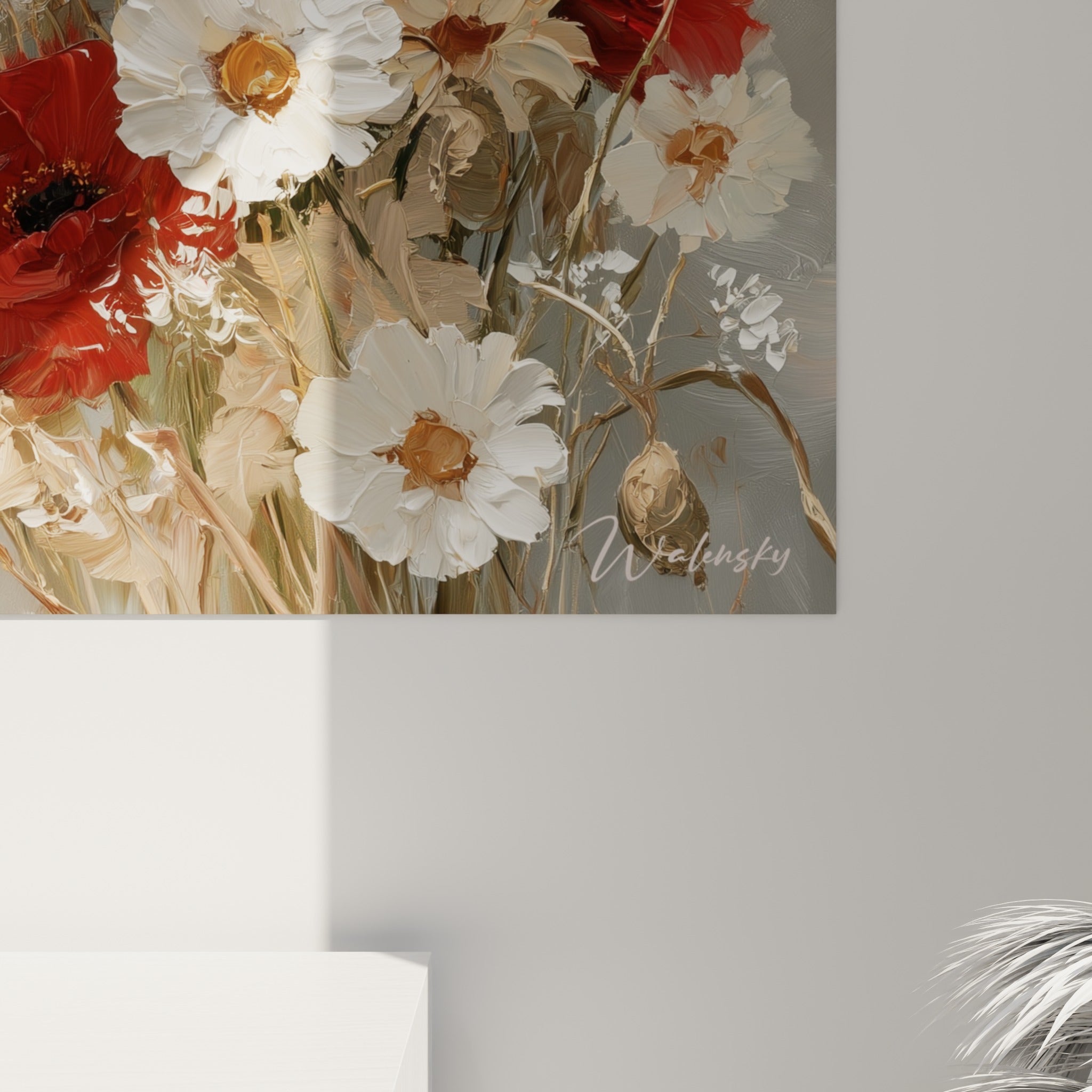 Empâtements rouges et blancs des pétales de coquelicot visibles en gros plan sur la toile