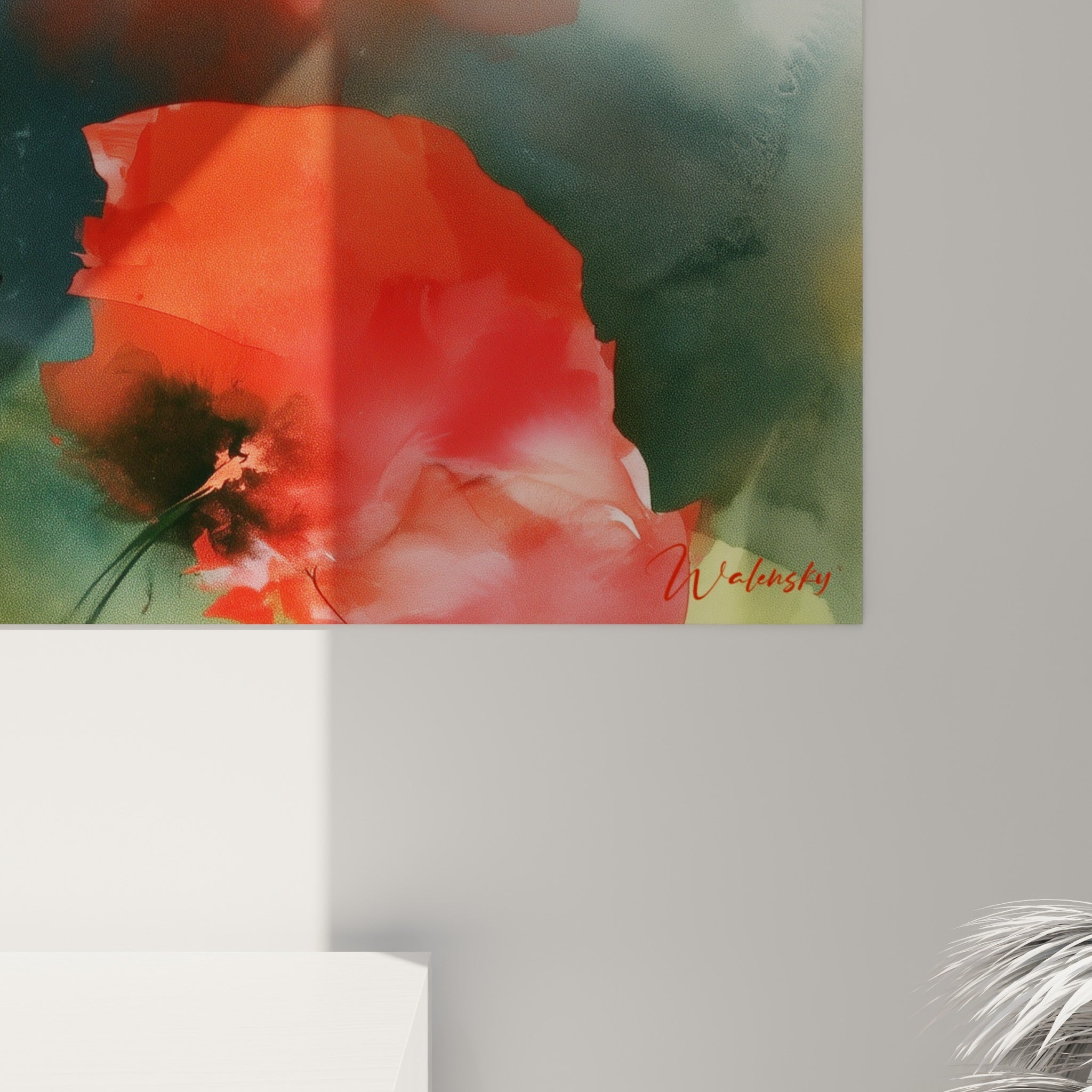Empâtements de rouge et coulures anthracite se mêlant, texture picturale visible de près sur la toile