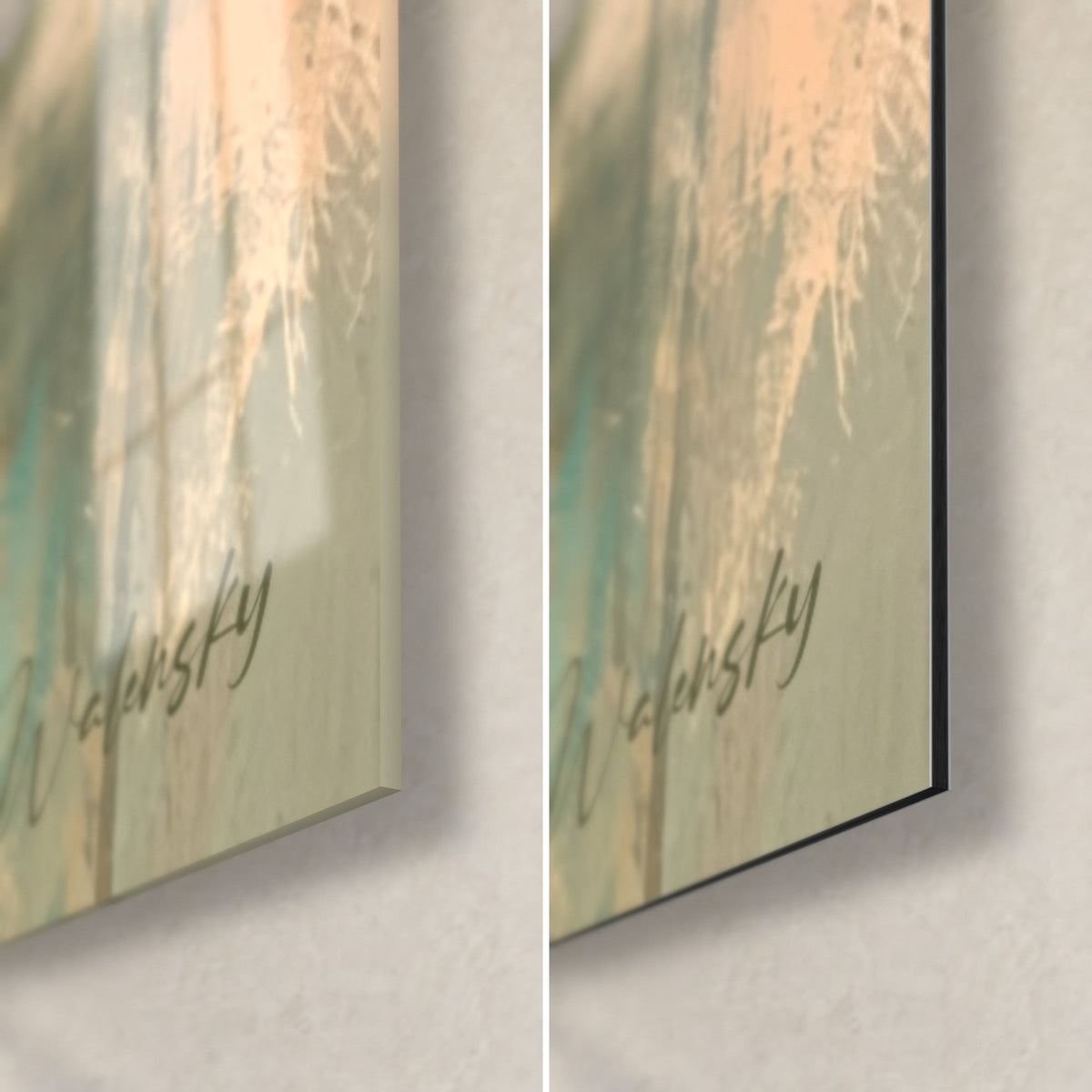 Tableau champ de pavots, coin bas droit : verre acrylique brillant aux reflets, alu Dibond noir mat, tranche de 3 mm