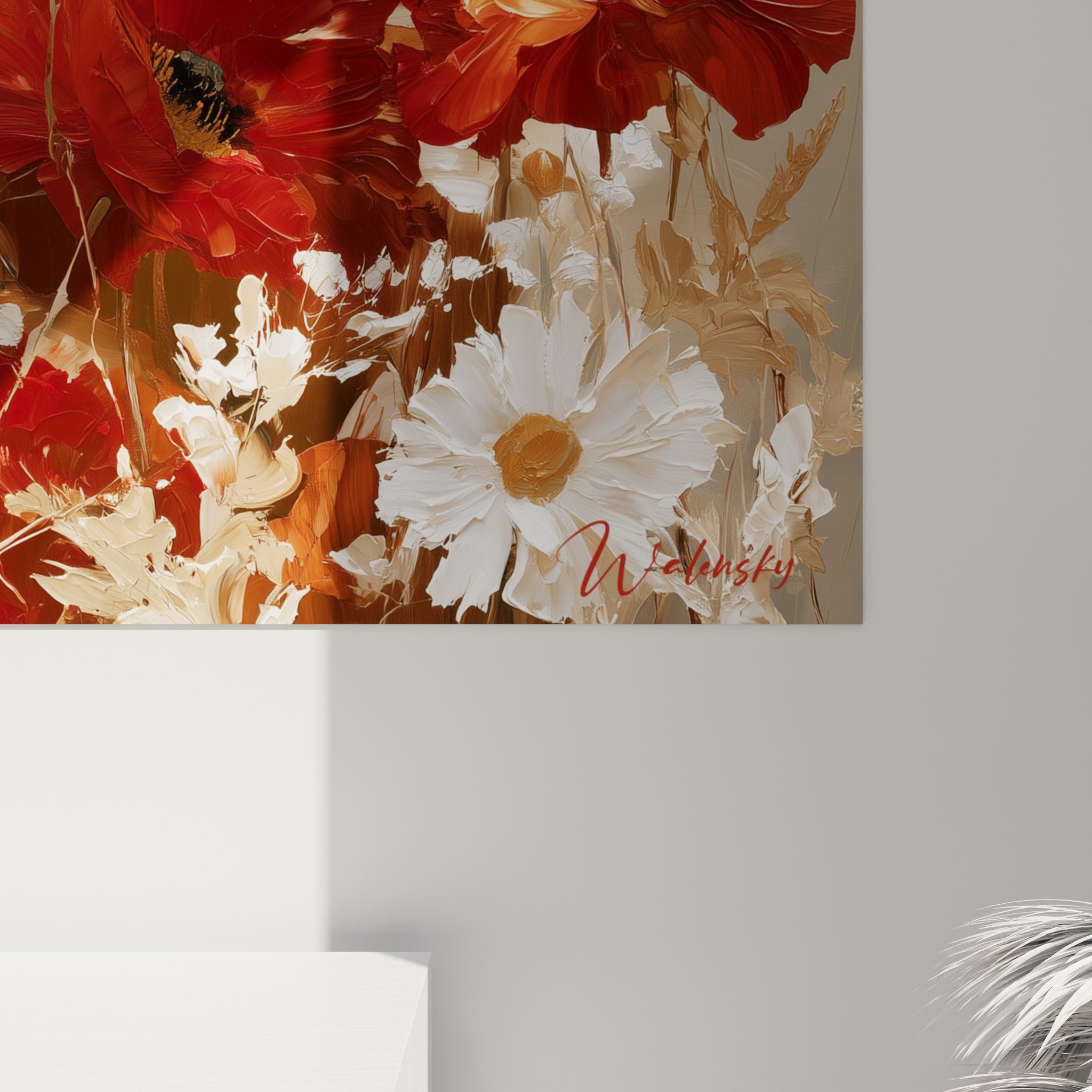 Matière picturale des coquelicots rouges et blancs, empâtements et reflets dorés visibles de près