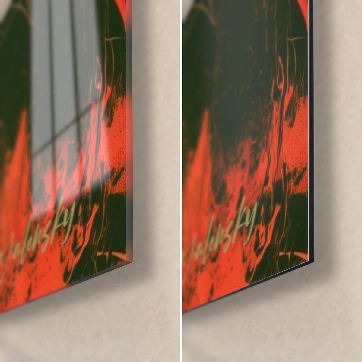 Tableau pavots rouge vif, coin bas droit : verre acrylique brillant à gauche, Dibond mat noir et vert à droite, tranche 3 mm