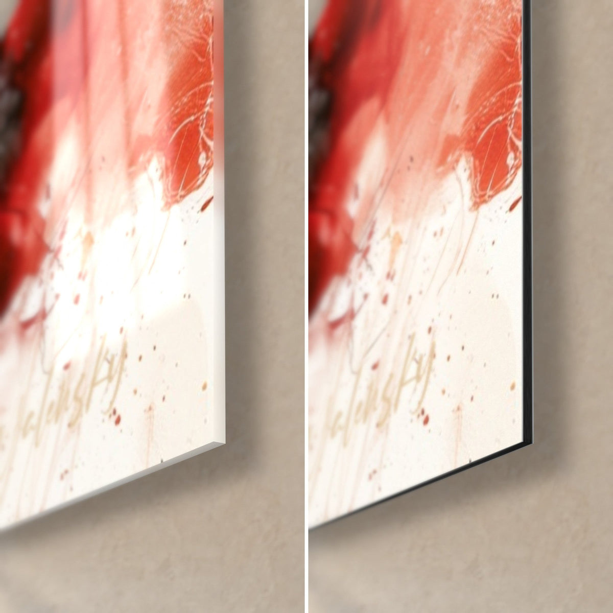 Wall art of a bright red poppy field, bottom right corner: glossy acrylic glass on the left, matte black Dibond on the right, 3 mm edge