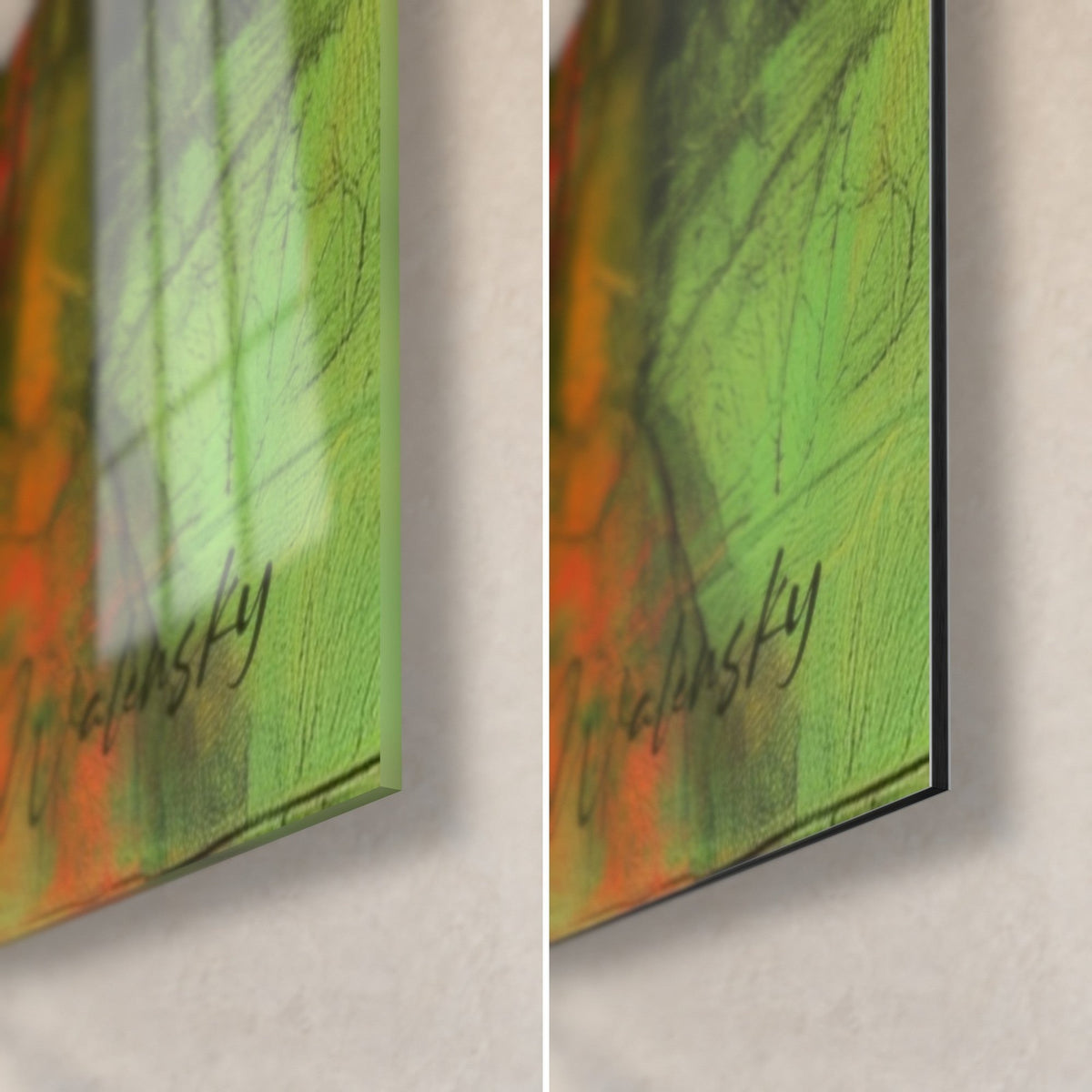 Tableau pavots rouge orangé aux éclaboussures, coin bas droit : verre acrylique brillant à gauche, Dibond noir mat à droite