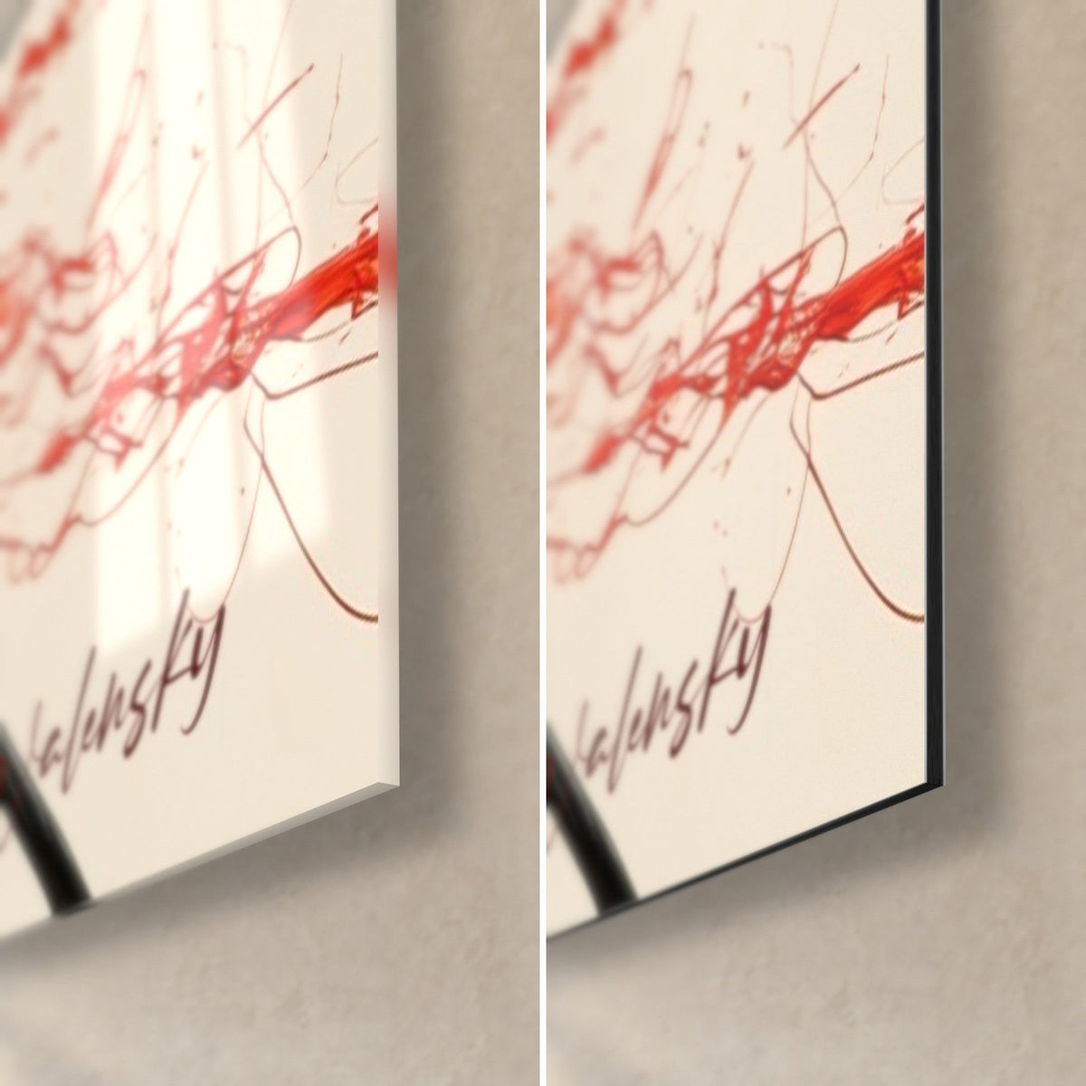 Tableau tempête de pavots, signature Walensky rouge sur fond crème, coin bas droit en verre brillant et alu Dibond mat, tranche noire
