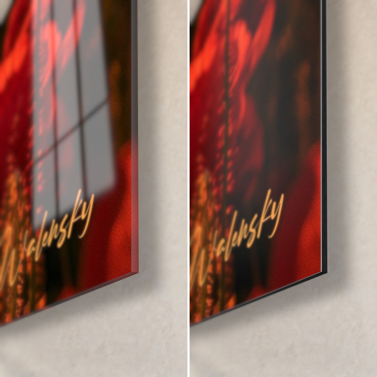 Quadro papavero rosso su sfondo scuro, angolo in basso a destra: vetro acrilico lucido con riflessi, alluminio Dibond nero opaco e bordo da 3 mm
