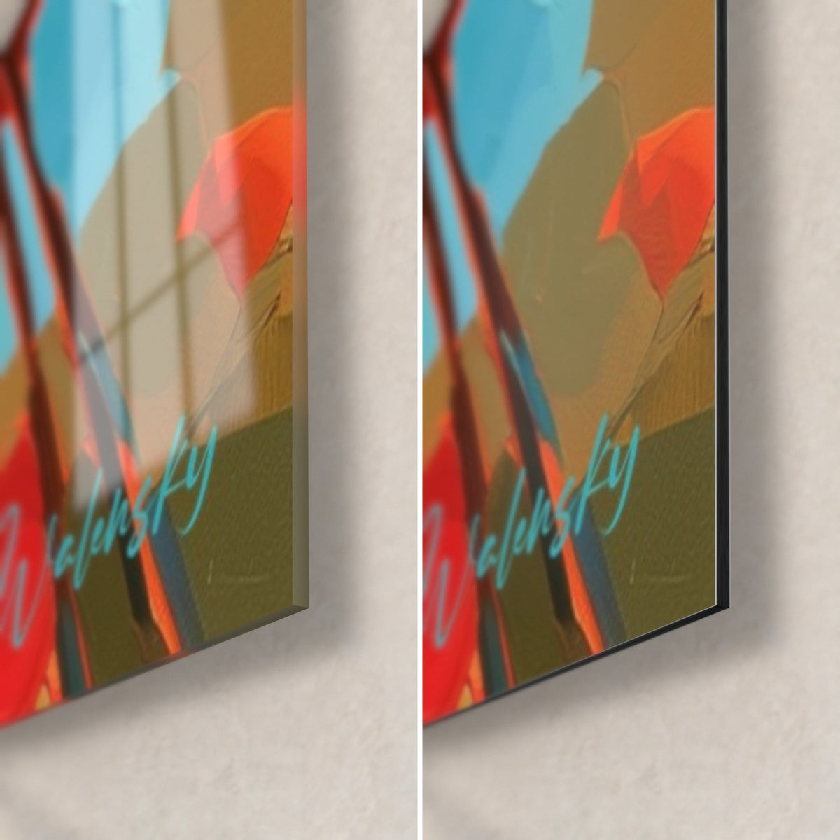 Tableau coquelicots rouges et turquoise, coin bas droit : verre acrylique brillant à gauche, Dibond mat à droite, tranche de 3 mm
