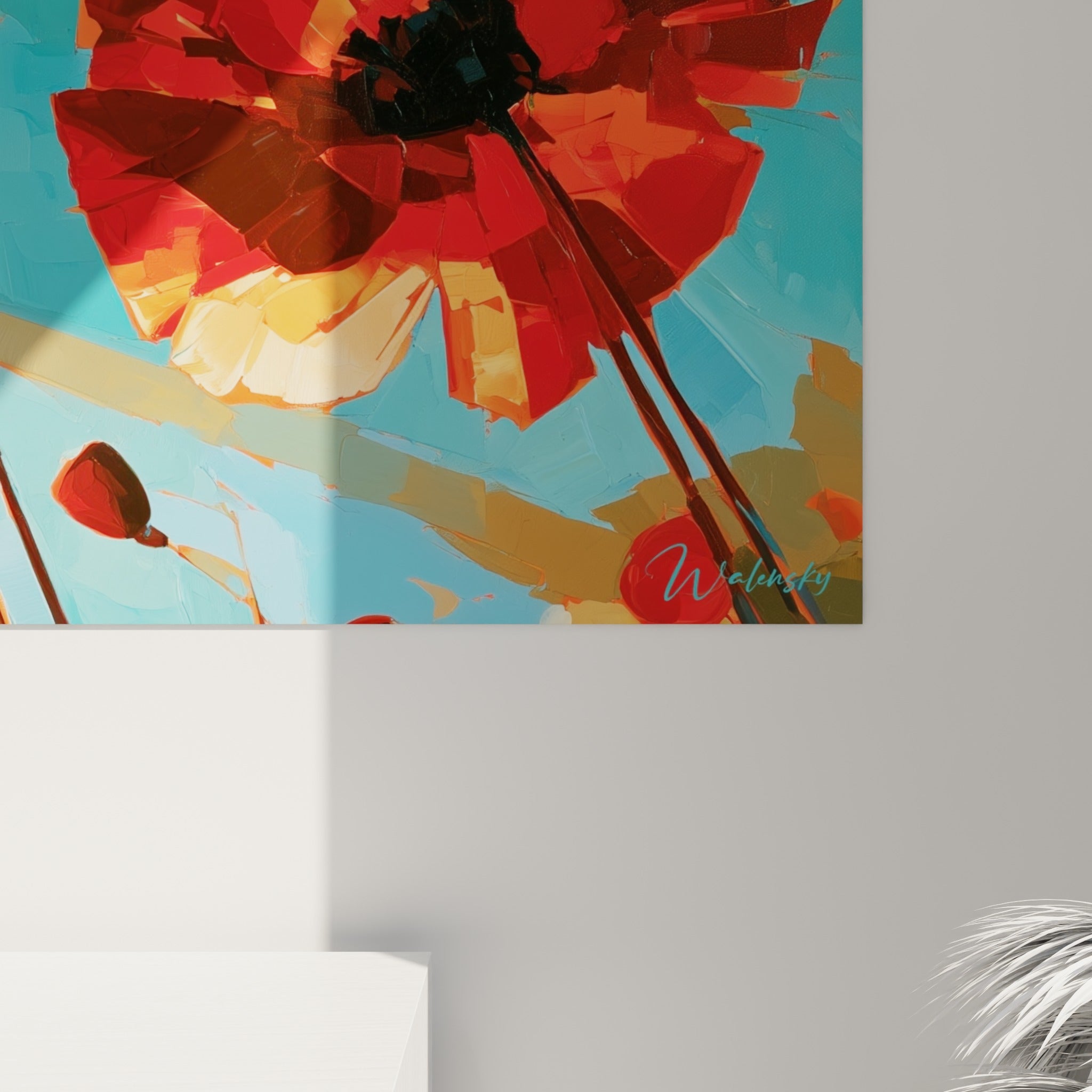 Empâtements rouges et orangés révèlent la matière peinte des pétales de coquelicot sous la lumière