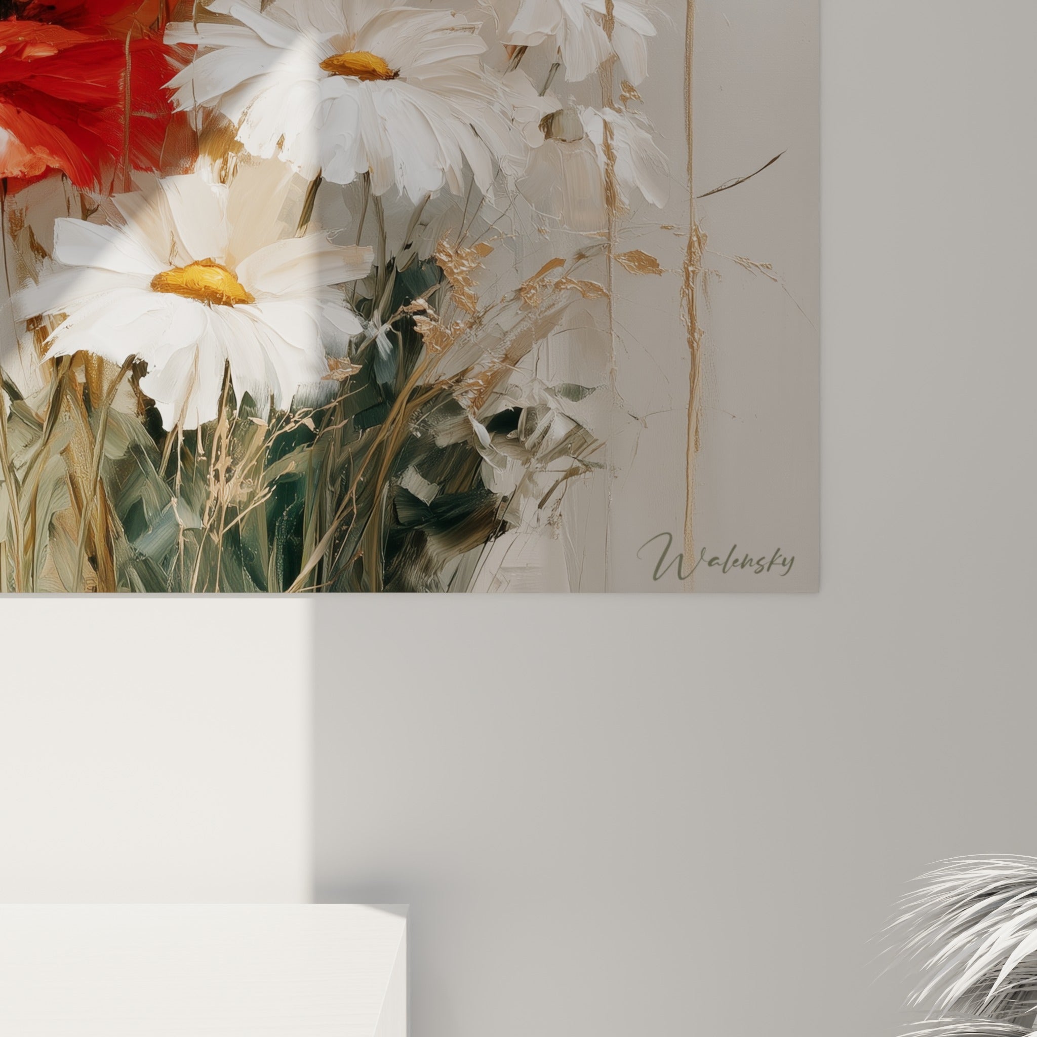 Empâtements de peinture rouge et blanc sur toile de coquelicots, matière épaisse et coulures dorées