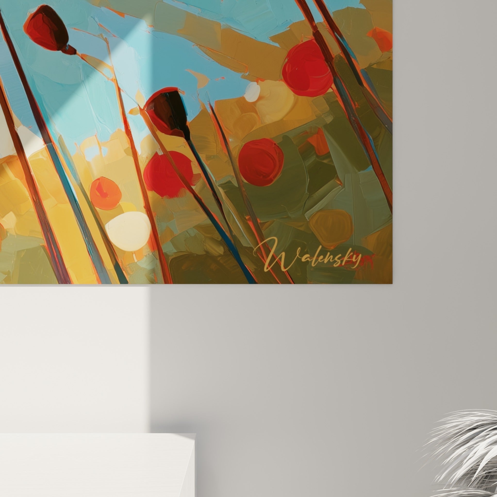 Empâtements rouges et touches dorées visibles sur la toile, coulures de peinture au cœur noir des coquelicots