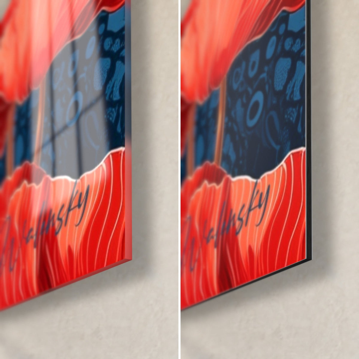 Wall art bright red poppy flowers, bottom right corner: glossy acrylic glass on the left, matte Dibond aluminium on the right, 3 mm edge