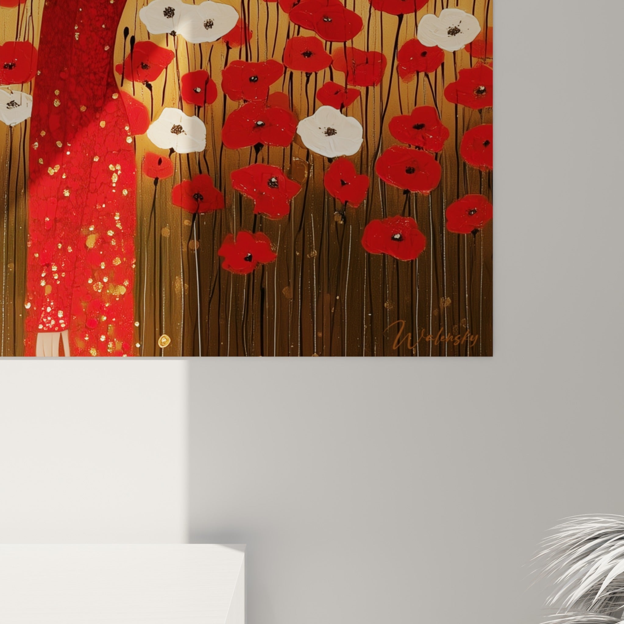 Grain de peinture visible sur la robe dorée et les pétales rouges veloutés du champ de coquelicots