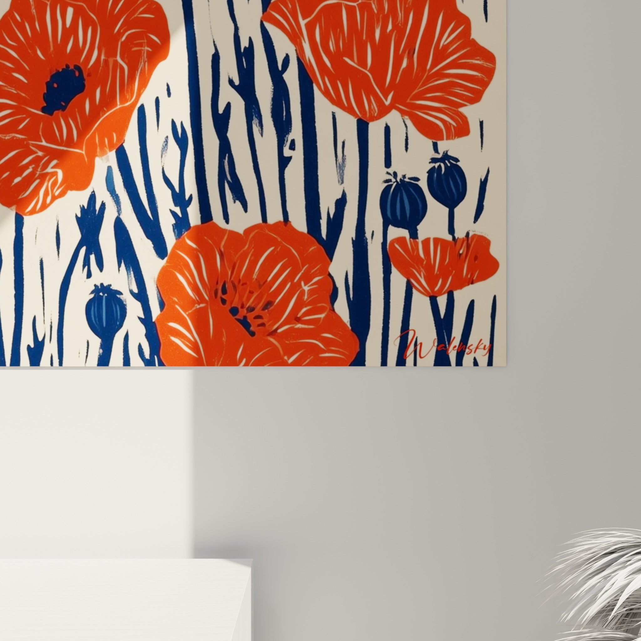 Empâtements rouge et bleu marine visibles de près, pétales veloutés et traits de pinceau du coquelicot