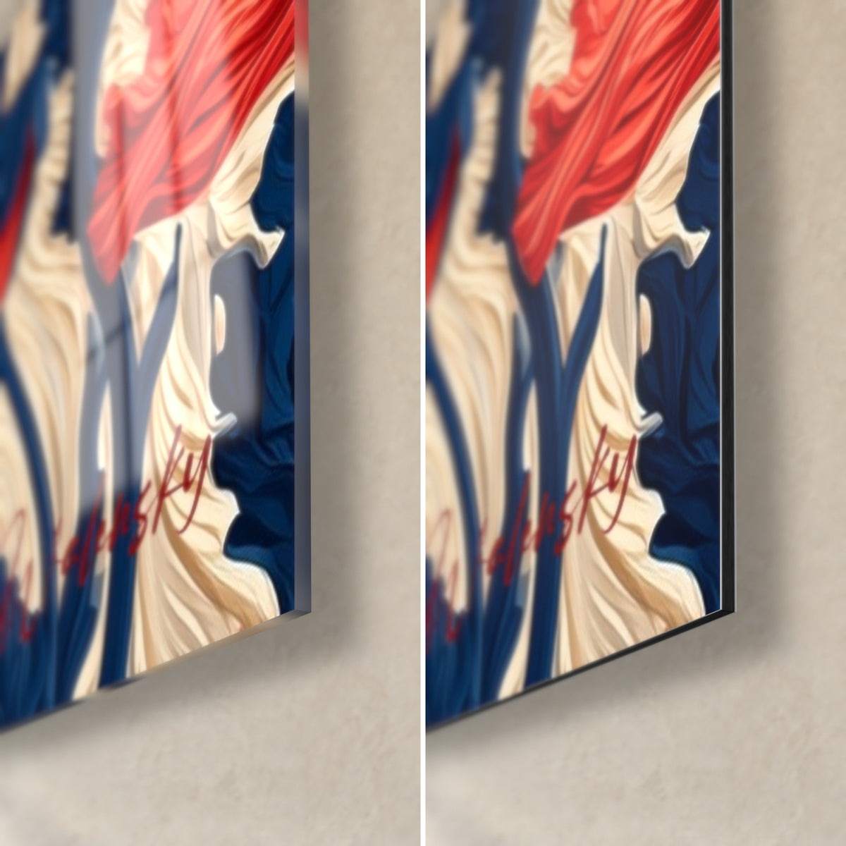 Quadro campo di papaveri rosso vivo e blu navy, angolo in basso a destra: vetro lucido a sinistra, Dibond opaco a destra, spessore 3 mm