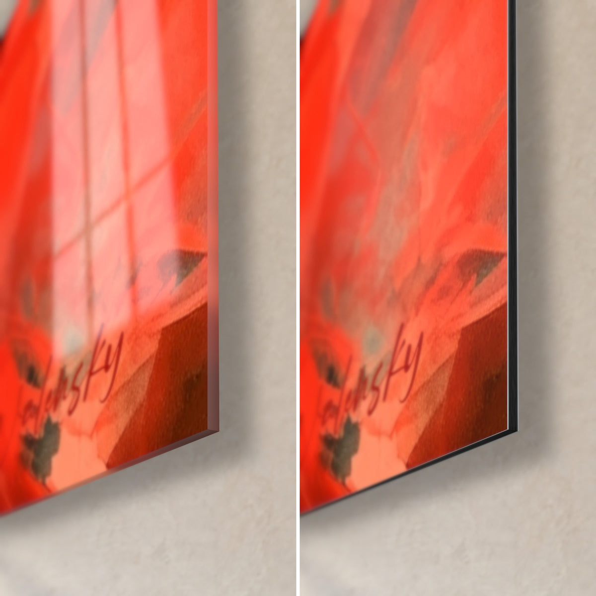 Quadro di papaveri rossi ad acquerello, angolo in basso a destra: vetro acrilico lucido con riflessi, alluminio Dibond opaco e bordo di 3 mm
