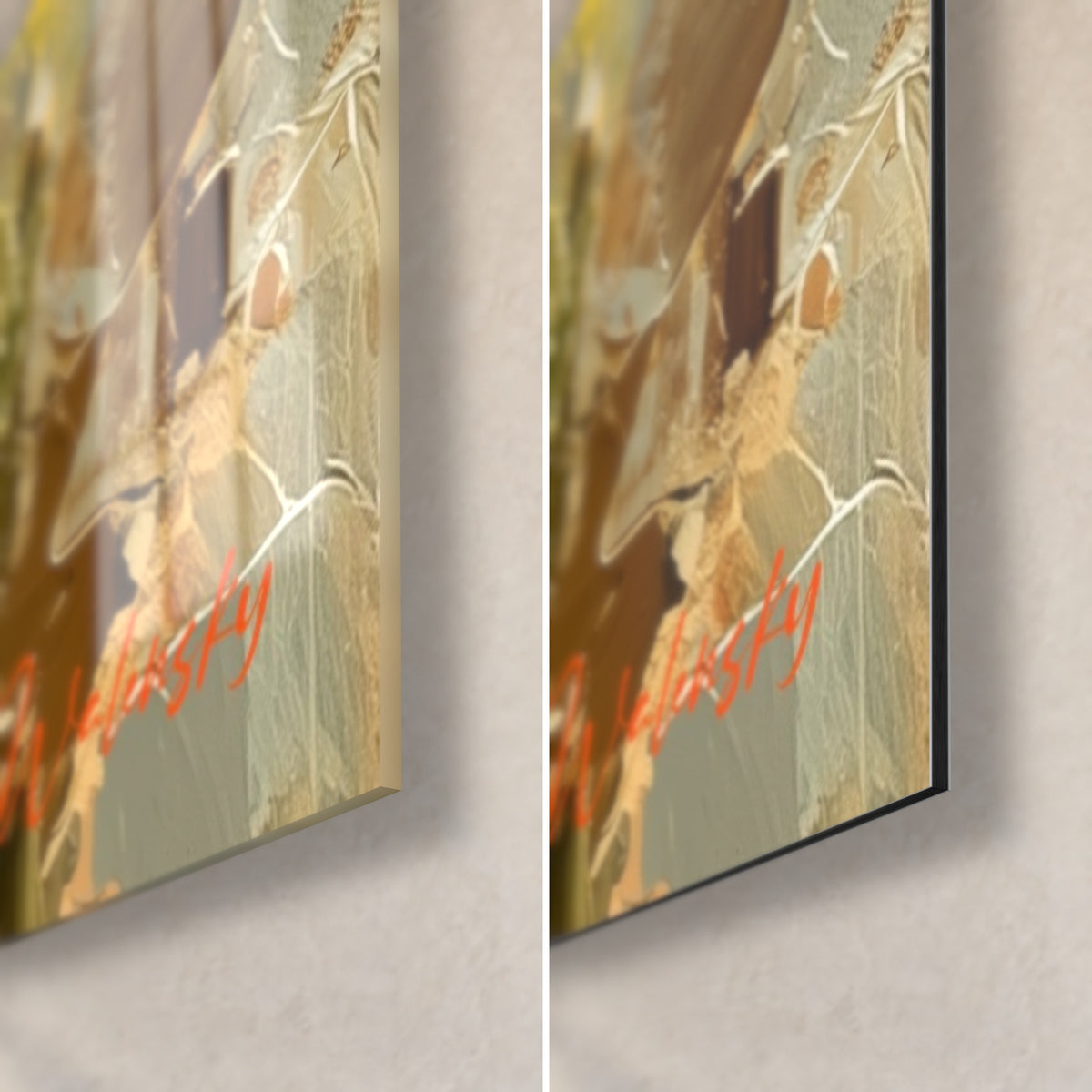 Quadro papaveri rossi e beige, angolo in basso a destra: vetro acrilico lucido a sinistra, Dibond opaco a destra, bordo da 3 mm