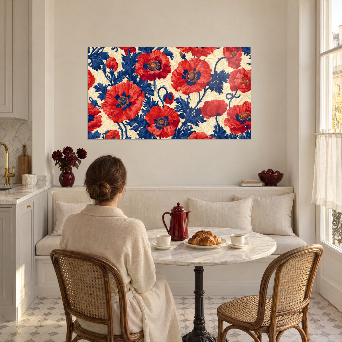 Wall art with a floral motif of red poppies and royal blue foliage, a woman seen from behind seated at a table with tea and a croissant in the living room