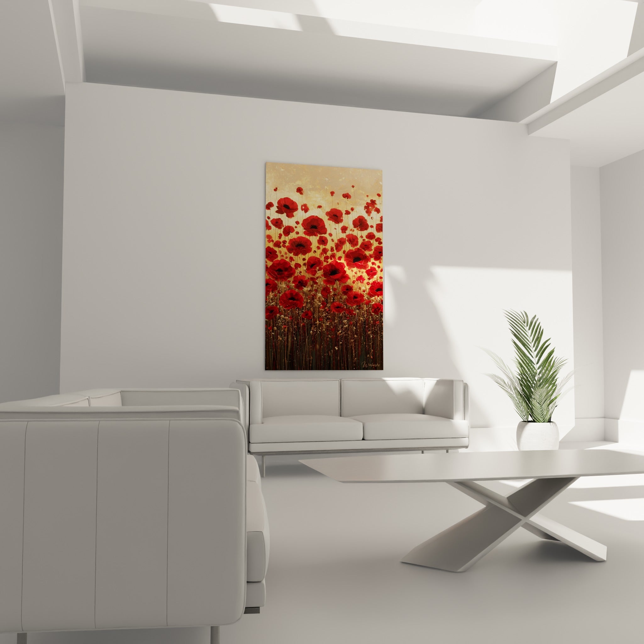 Fleurs rouges éclatantes sur dégradé doré et brun, composition dense, au-dessus d'un canapé dans un salon lumineux