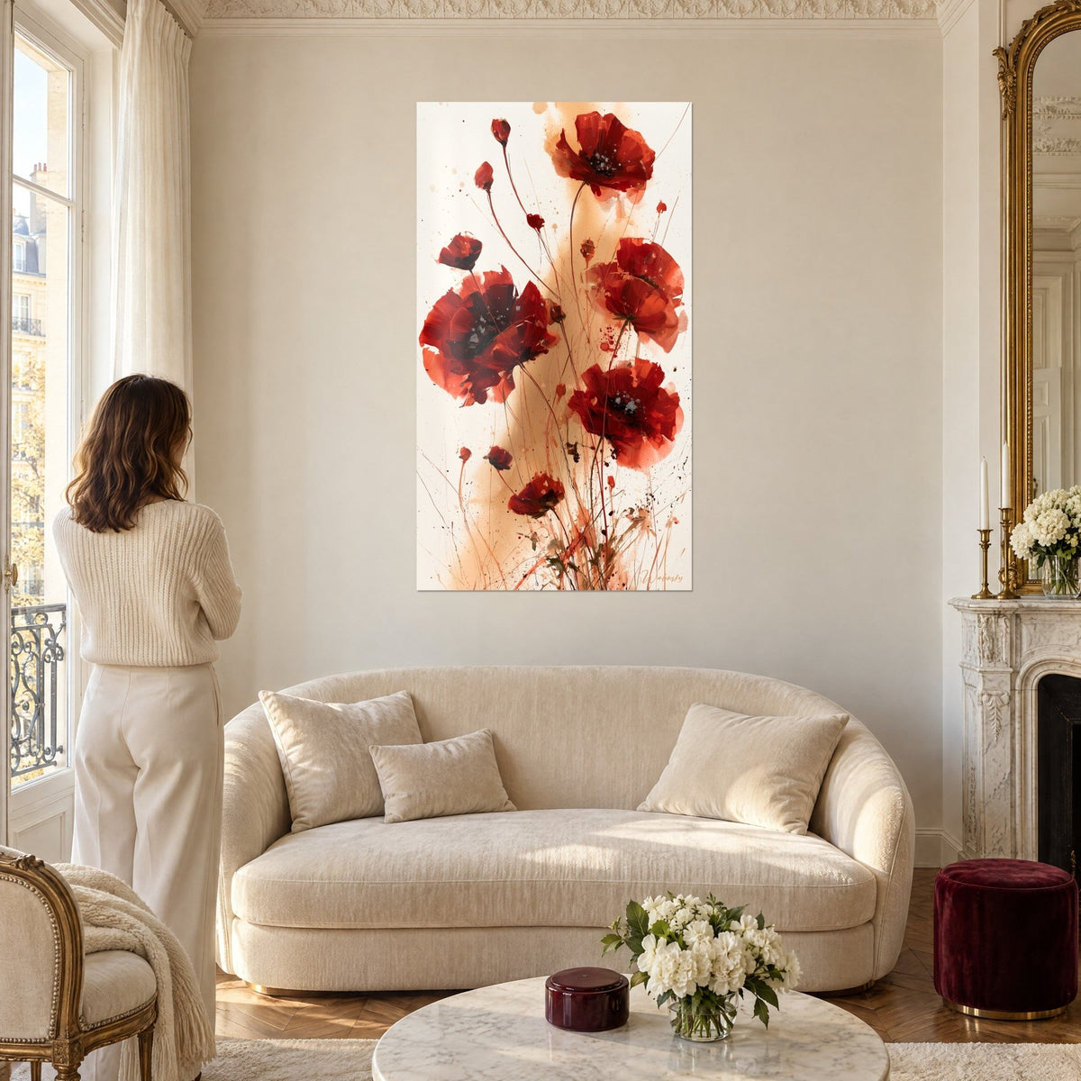 Tableau pavots écarlates sur fond crème, tiges fines et lavis ocre, femme de dos, au-dessus d'un canapé dans un salon lumineux