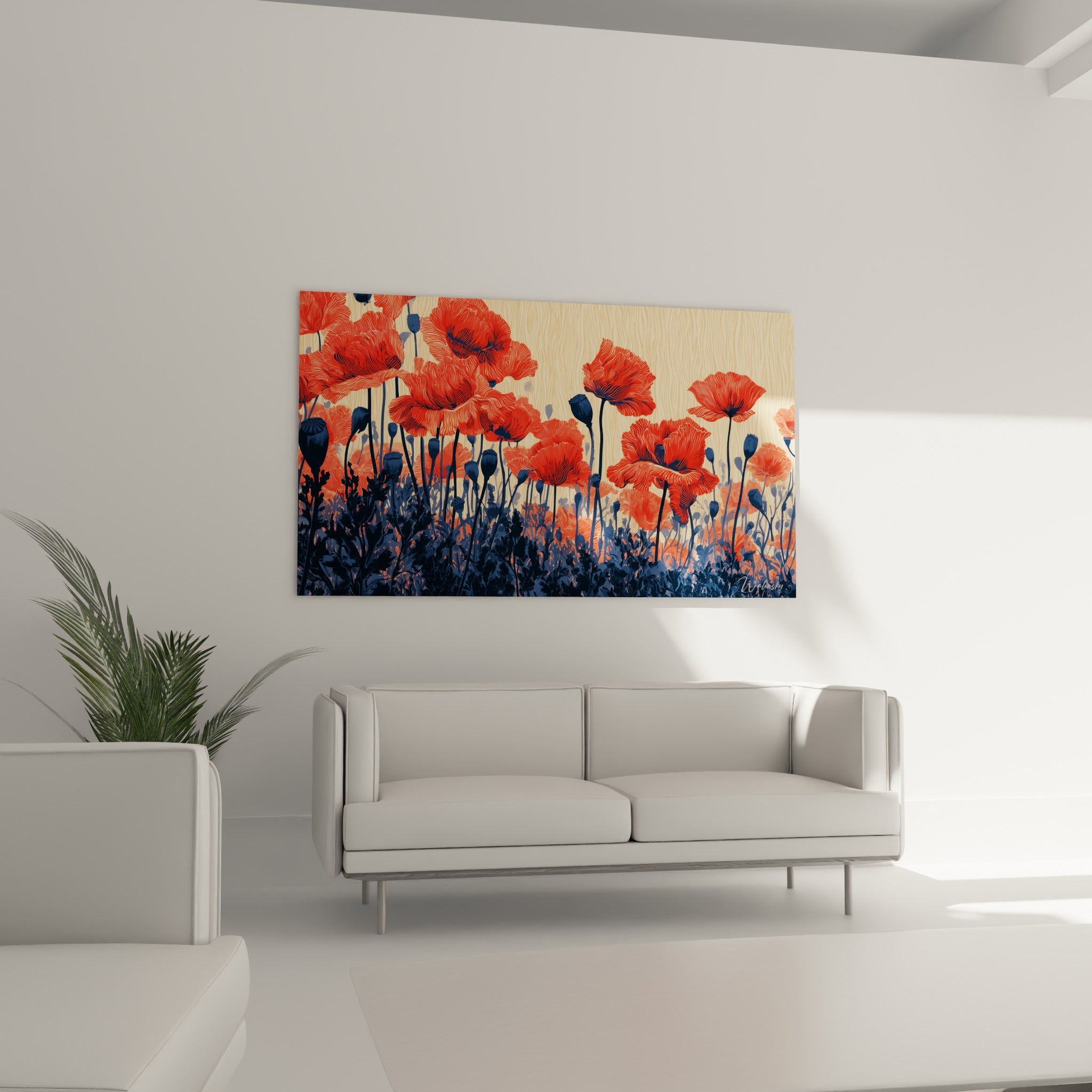 Champ de coquelicots rouges et tiges marine domine un canapé dans un salon lumineux
