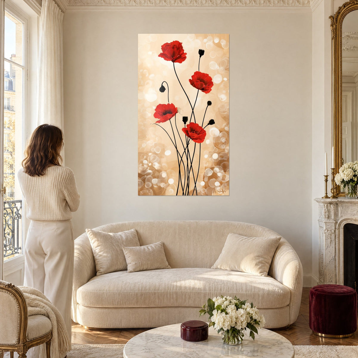 Tableau coquelicots écarlates sur tiges noires filiformes, fond beige doré, femme de dos, au-dessus d'un canapé dans un salon lumineux