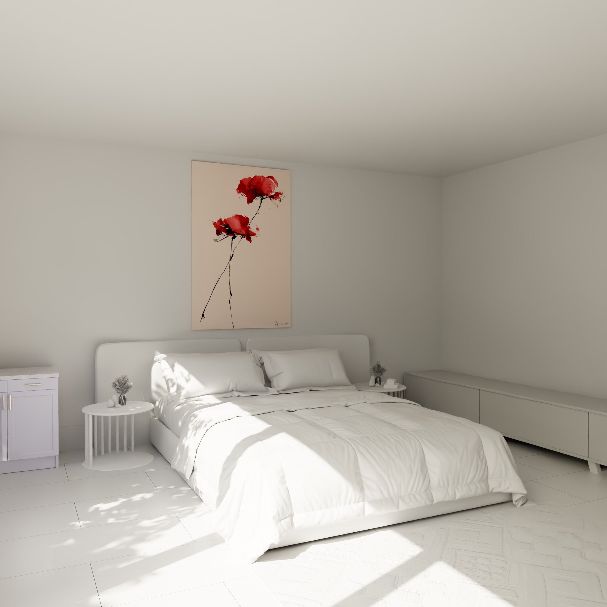 Coquelicots rouges aux tiges graphiques noires, au-dessus d'un lit dans une chambre claire