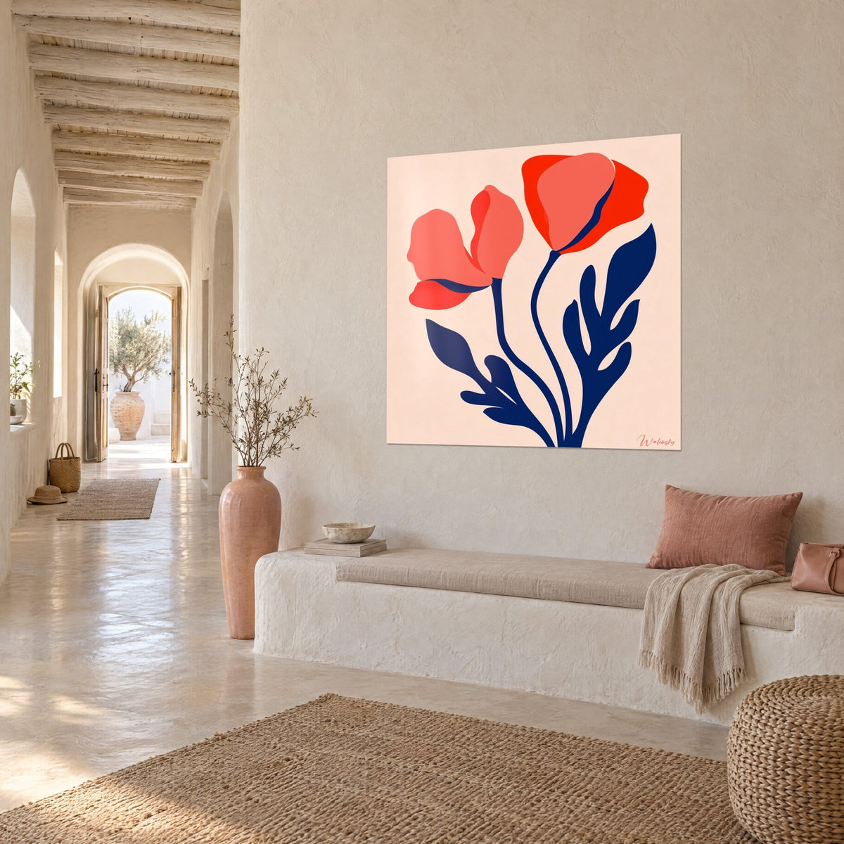Wall art poppy flowers with salmon petals, cut-out navy night leaves, powder pink background, three-quarter view in a vaulted hallway