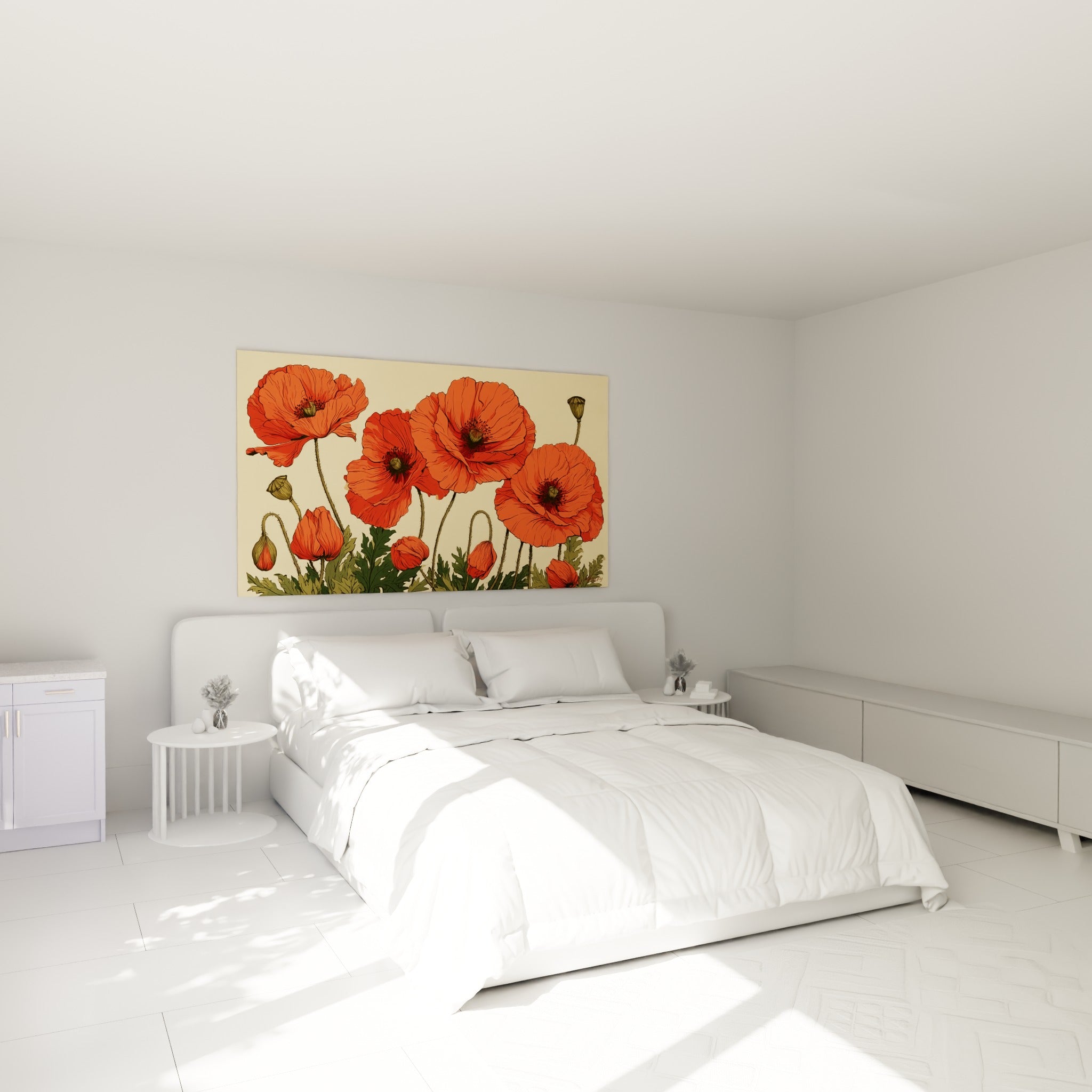 Bouquet de coquelicots vermillon aux tiges vertes courbées, au-dessus d'un lit dans une chambre claire